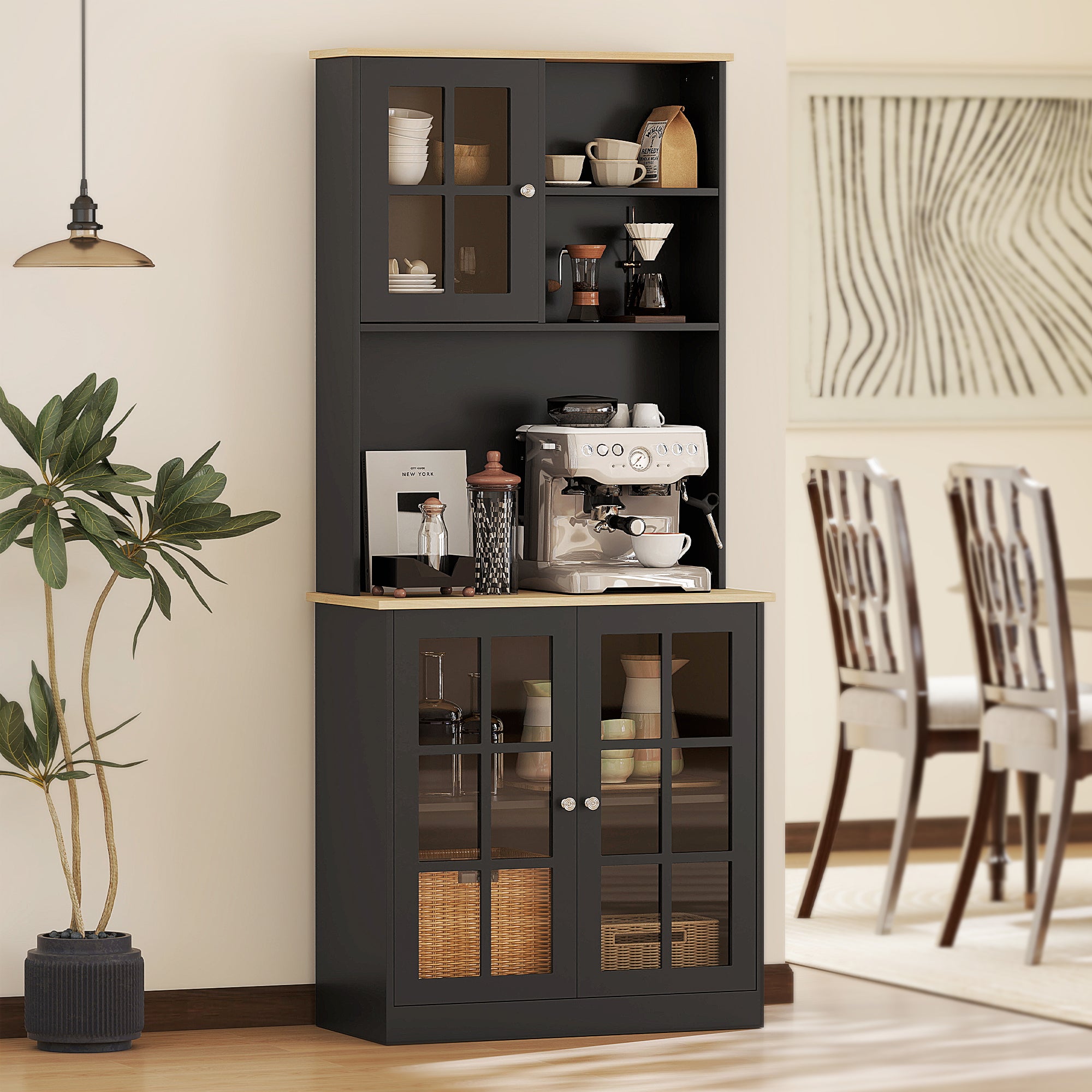 72" Kitchen Pantry Storage Cabinet with Hutch, Large Countertop, Glass Doors and Adjustable Shelves, Black