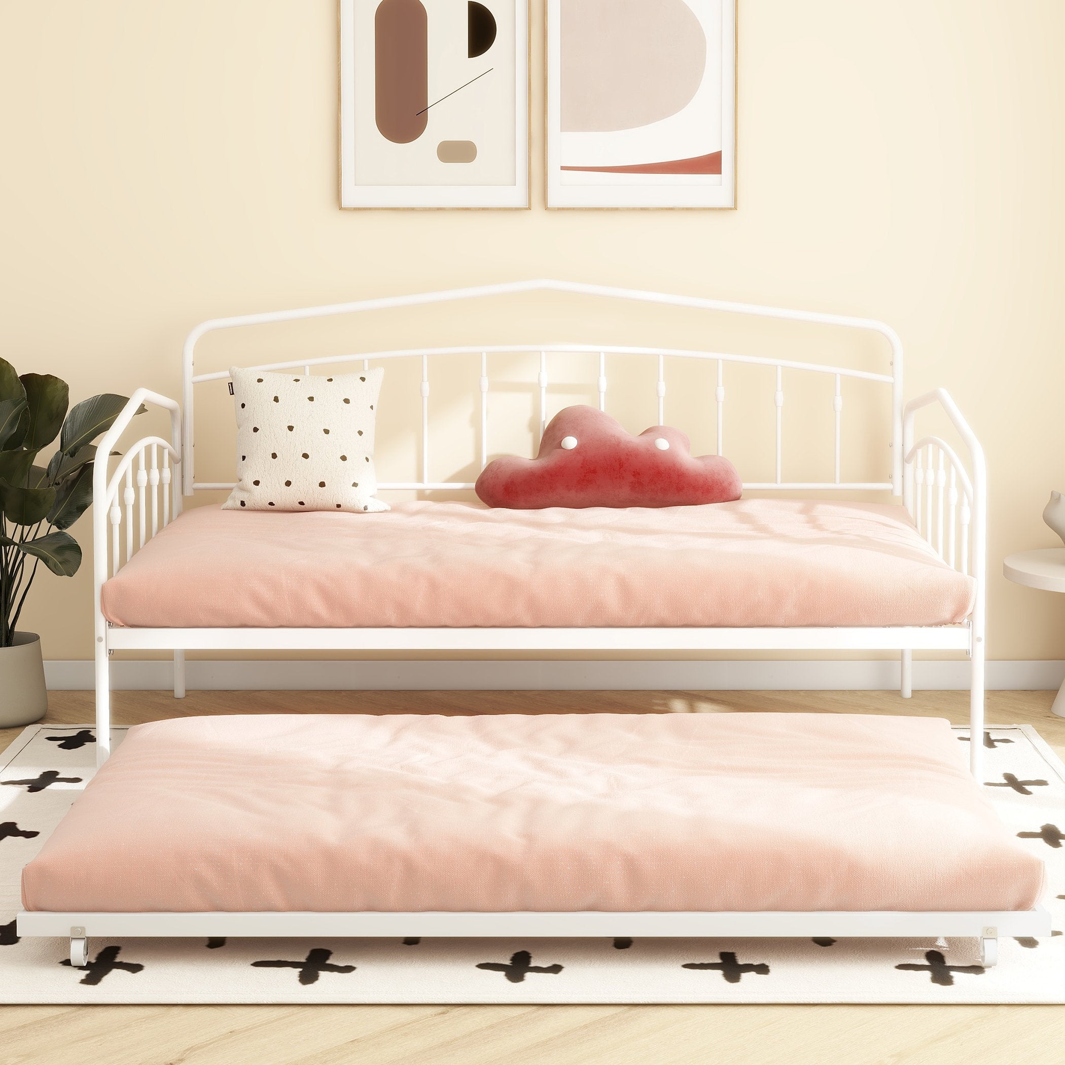 Fox Twin Metal Daybed Frame with Twin Trundle, Anti-Noise Design, No Box Spring Needed, Easy Installation, White