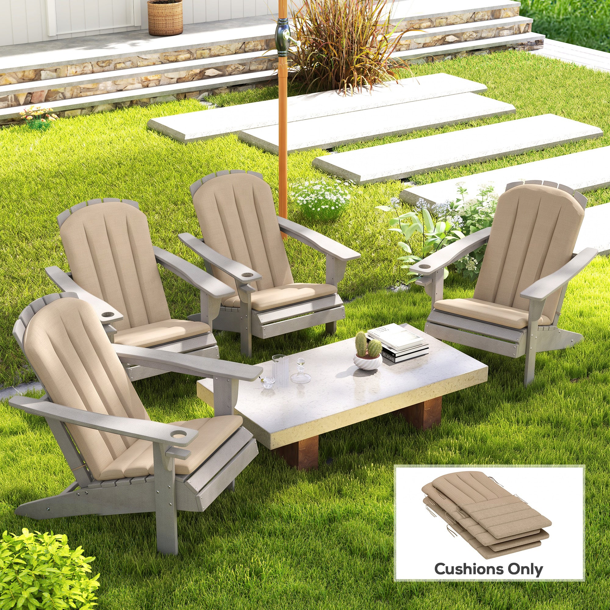Set of 4 Outdoor Chair Cushions, High Back Adirondack Chair Cushion with Ties, High-Density Foam, Beige
