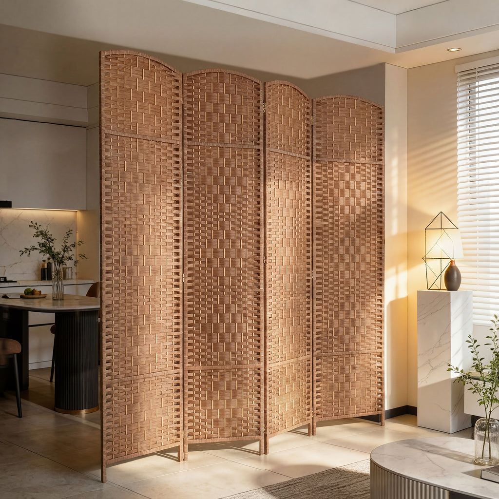 Room Divider 4 Panel, 6FT Tall Folding Privacy Screen, Freestanding Hand-Woven Partition for Room Separation with 360° Hinges, Paper Rope Diamond Weave, Natural