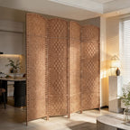 Room Divider 4 Panel, 6FT Tall Folding Privacy Screen, Freestanding Hand-Woven Partition for Room Separation with 360° Hinges, Paper Rope Diamond Weave, Natural