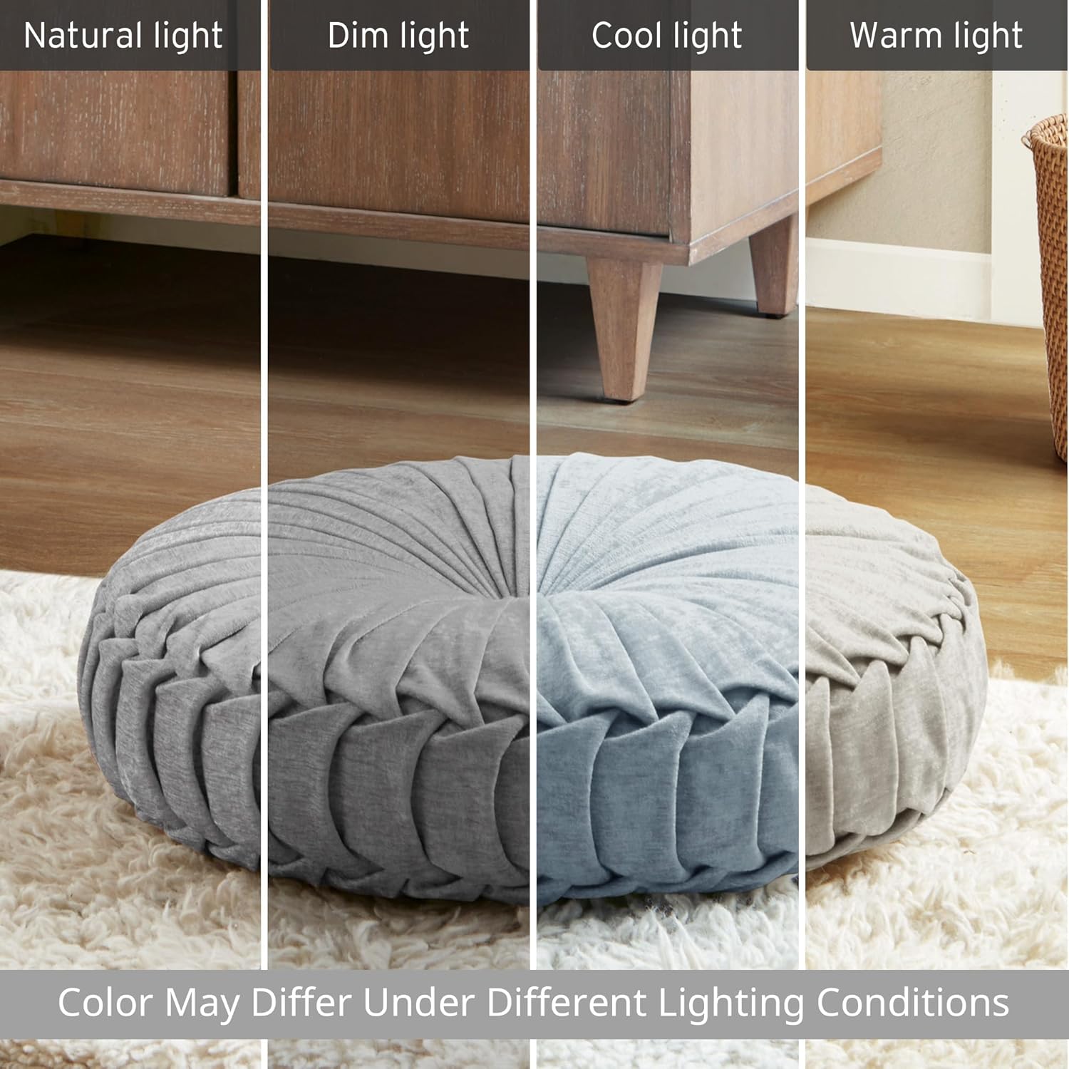 Poly Chenille Round Floor Pillow Cushion with Textured Fabric, Tufted Button Center, Pleated Detailing, 22" L x 22" W x 6" H, Gray