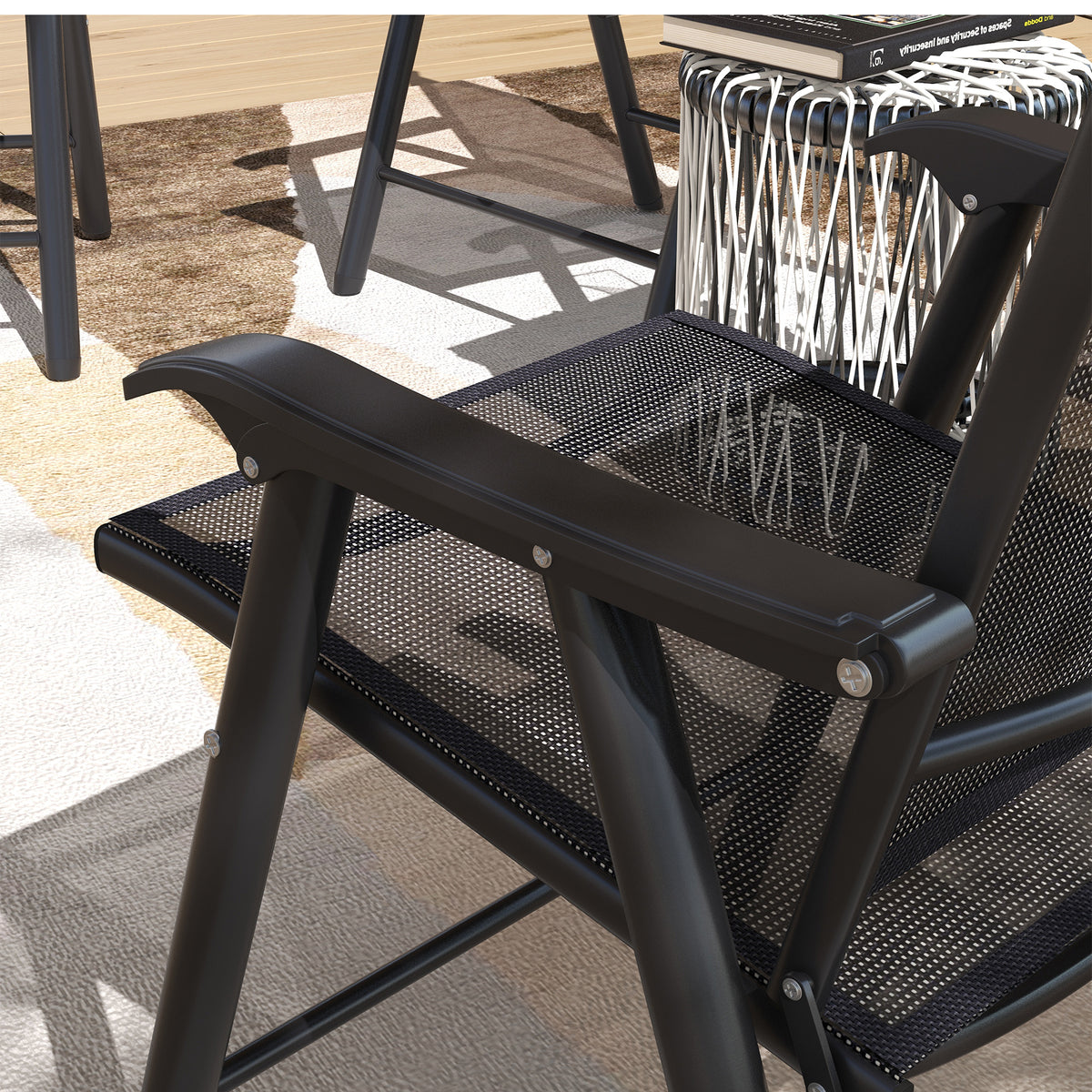 Set of 4 Outdoor Folding Chairs, Stackable Patio Dining Chairs with Armrests, Metal Frame, Black
