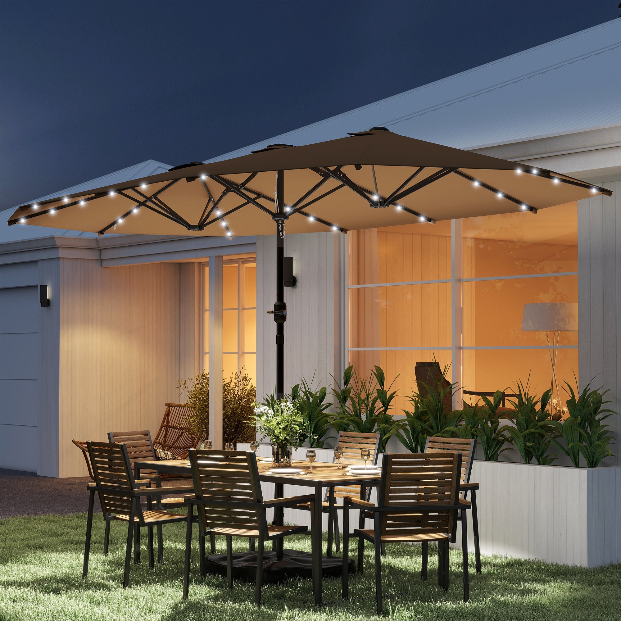 Garden Parasol 14.4 ft. Double-Sided Sun Umbrella with Base, Patio Parasol with LED Solar Lights, Khaki