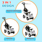 3 in 1 Push Car Sliding Car with Removable Handle, Music, Horn, Canopy, Safety Guardrail, White