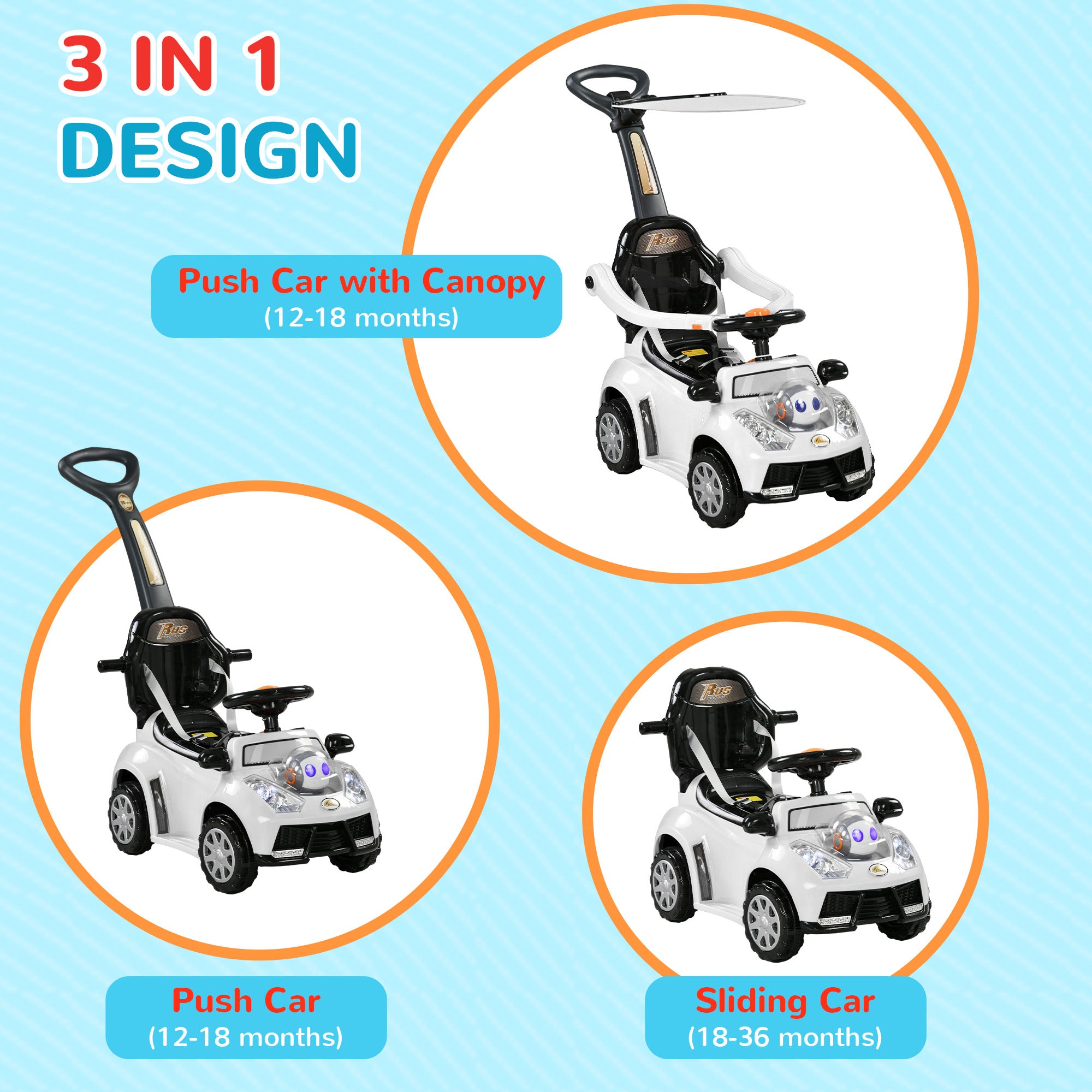 3 in 1 Push Car Sliding Car with Removable Handle, Music, Horn, Canopy, Safety Guardrail, White