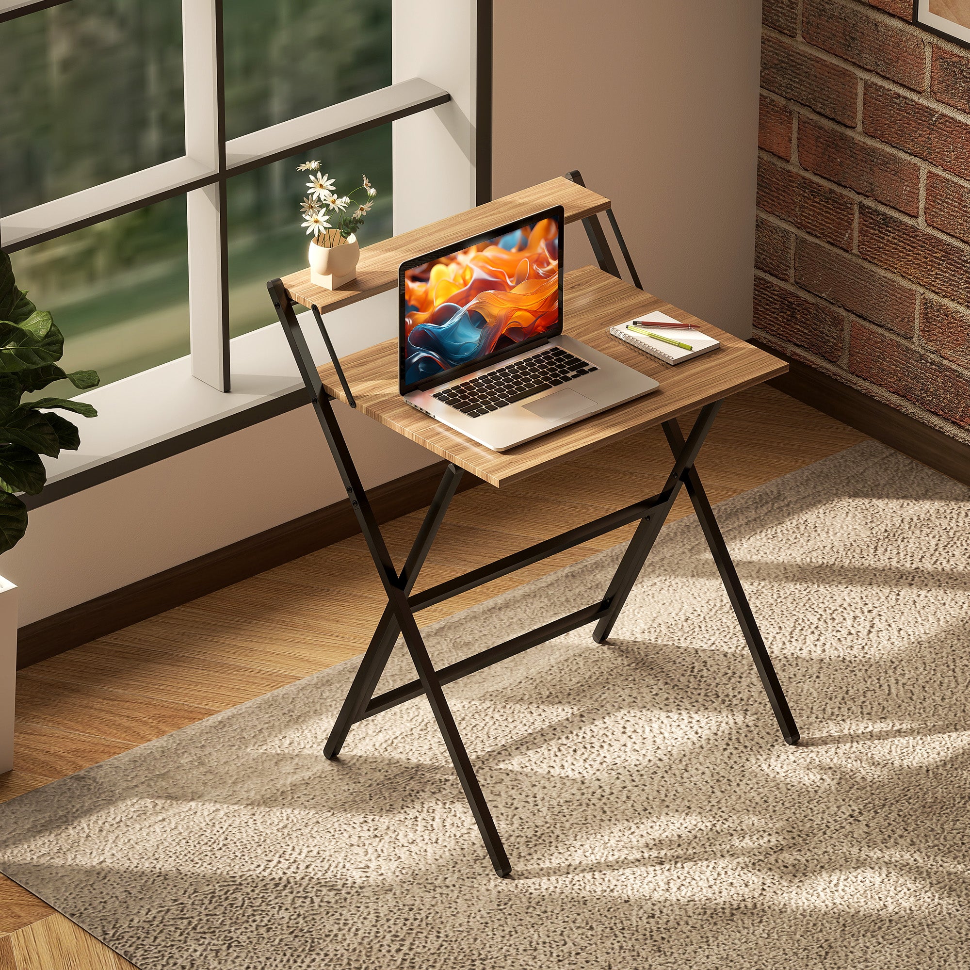 Folding Computer Desk, 27.6" Foldable Desk with Monitor Shelf for Small Space, Home Office, Study, Easy Assembly, Walnut