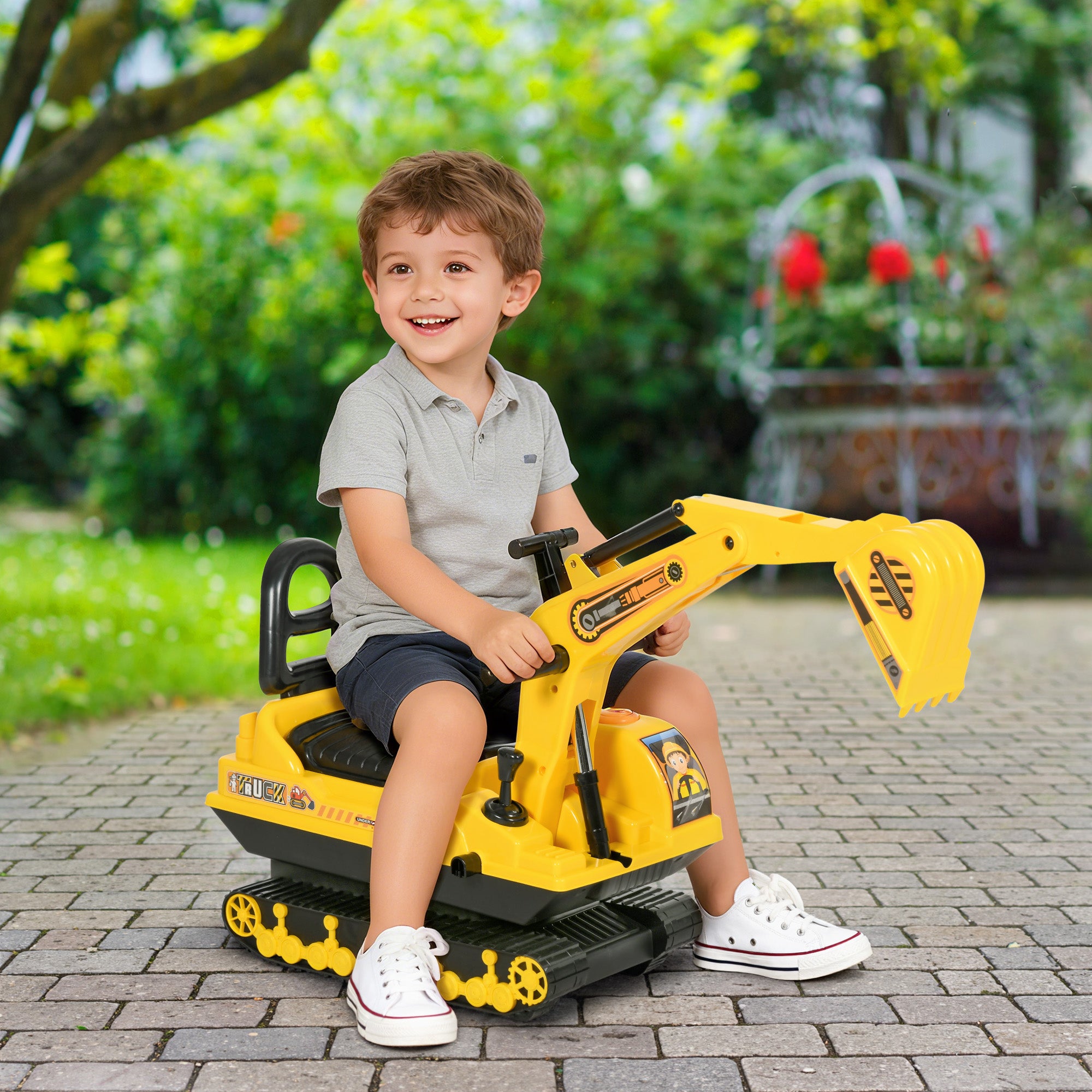No Power Ride On Excavator Toy Tractors Digger Movable Scooter Walker Pretend Play Toddler Construction Truck Basket Storage For Boys Girls 18-48 Months Yellow Black