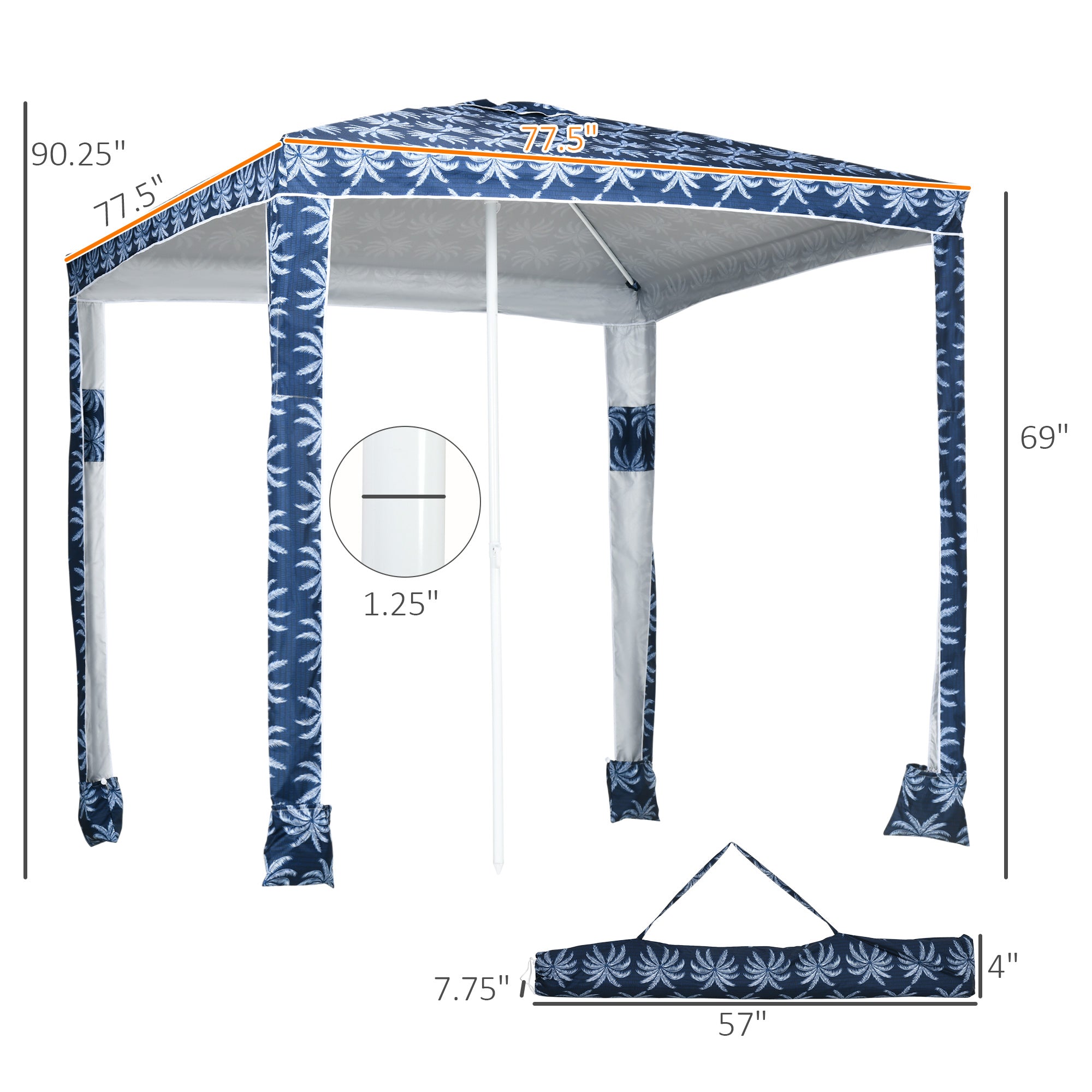 Quick Beach Cabana Canopy Umbrella, 6.5' Easy-Assembly Sun-Shade Shelter with Sandbags and Carry Bag, Cool UV50+ Fits Kids & Family, Blue Coconut Palm