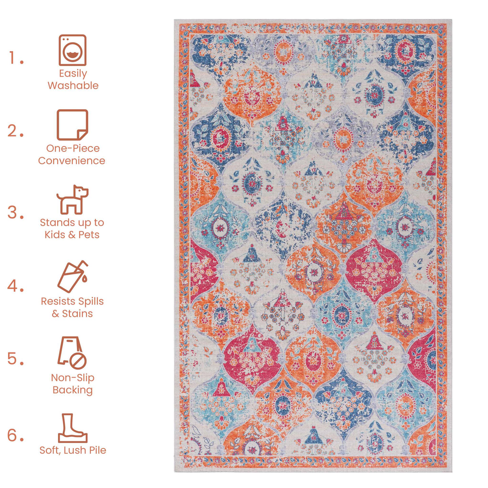 8x10 Cream Washable Low-Pile Non-Slip Area Rug, Non-Shedding, Kid and Pet Friendly for Living Room, Bedroom, Kitchen, Dining Room, Red