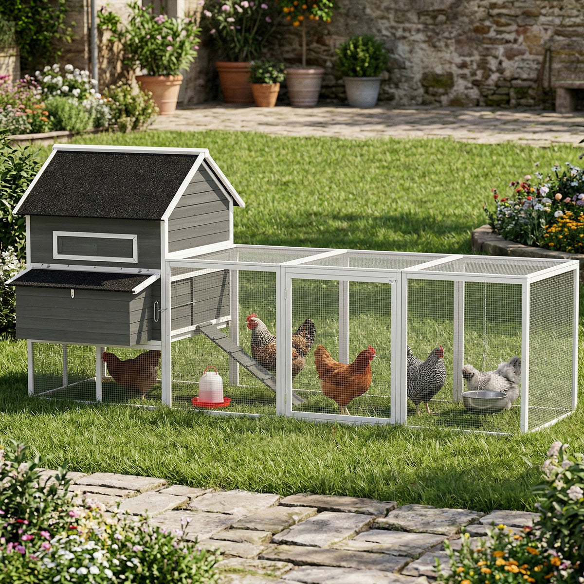 137" Wooden Chicken Coop for 4-6 Chickens, Backyard, Dark Gray