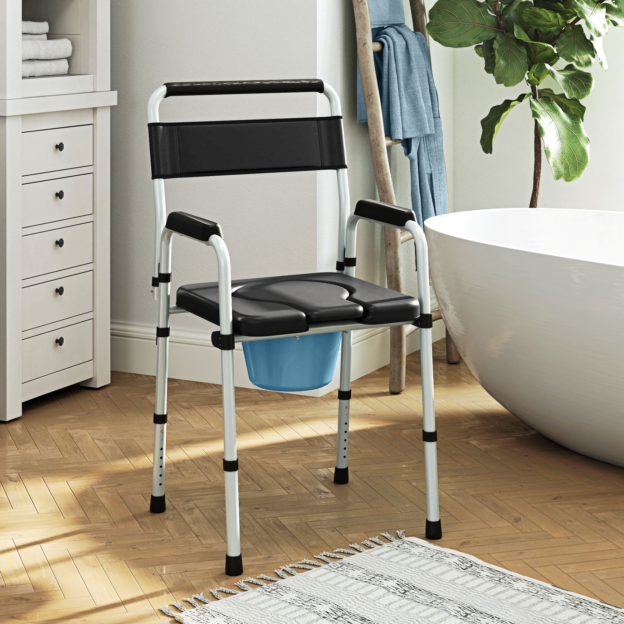 Bedside Commode Chair for Seniors, Adults, Handicap, Raised Toilet Seat with Arm, Adjustable Height, 331 lbs, Black