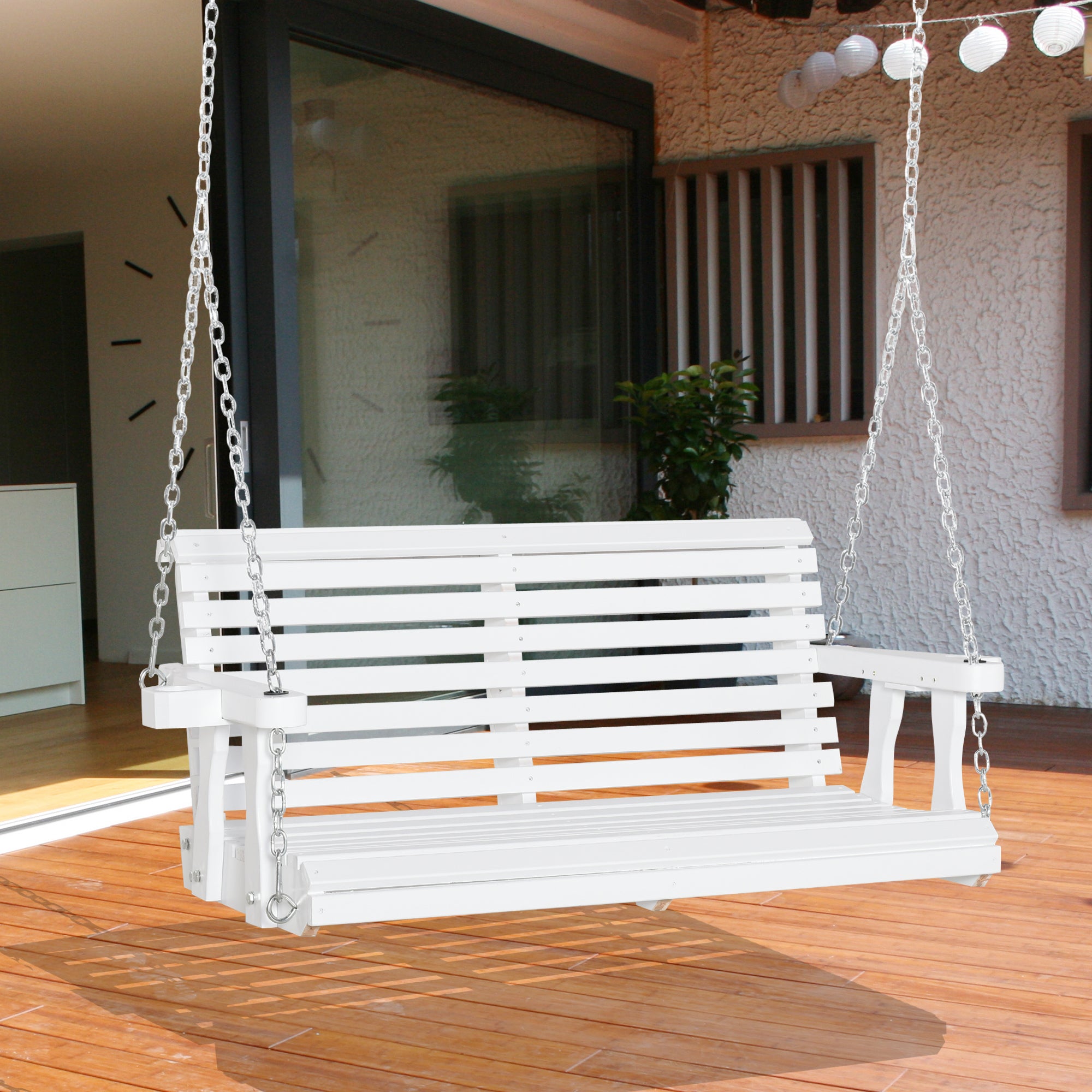 46" 2-Person Porch Swing Wooden Patio Swing Bench with Cup Holders, Slatted Design, Chains, 440lb Weight Capacity, White