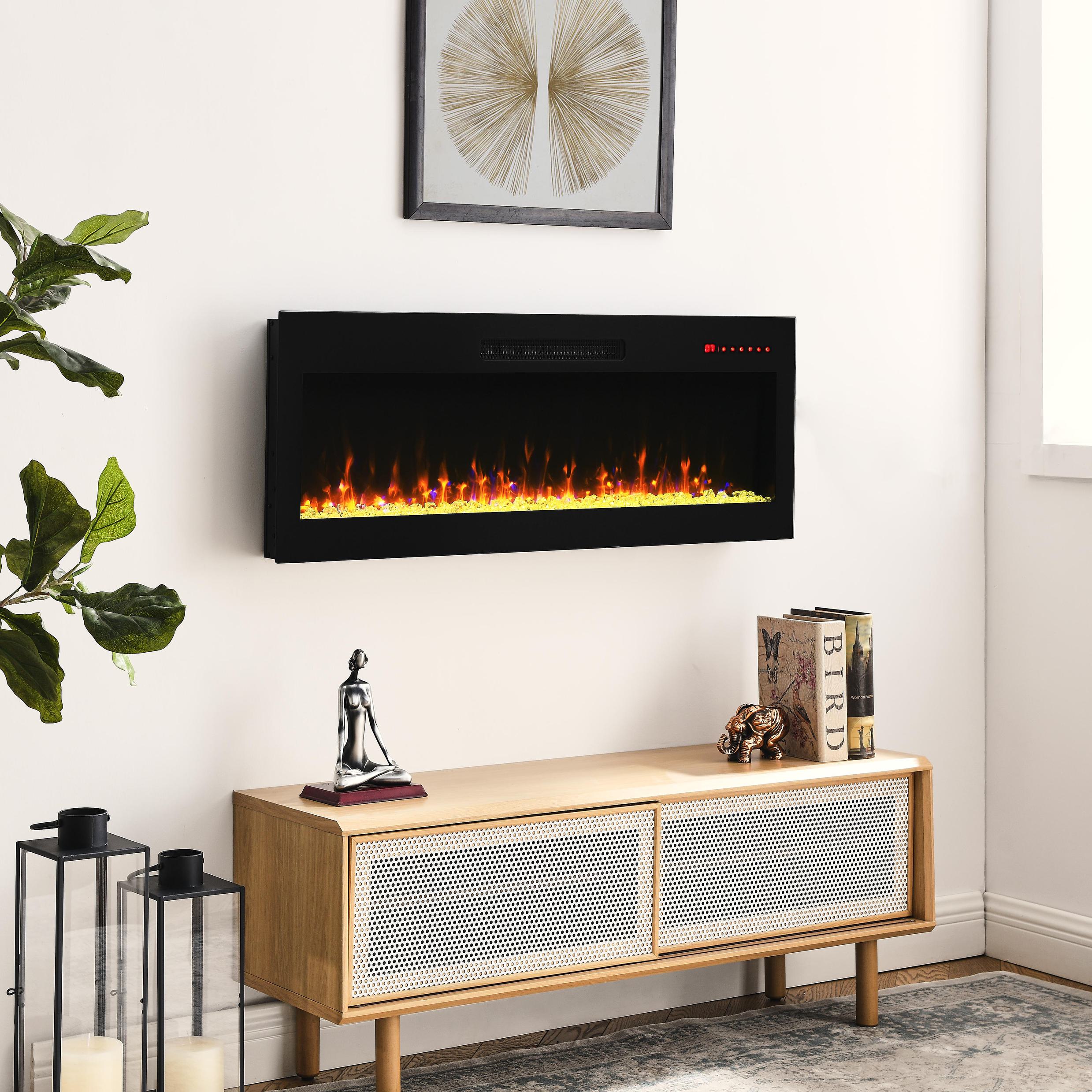 42" Remote Wall Mounted Electric Fireplace with Ultra Thin Tempered Glass Front, Multi-Color Flame, and LED Light Heater, Antique Black