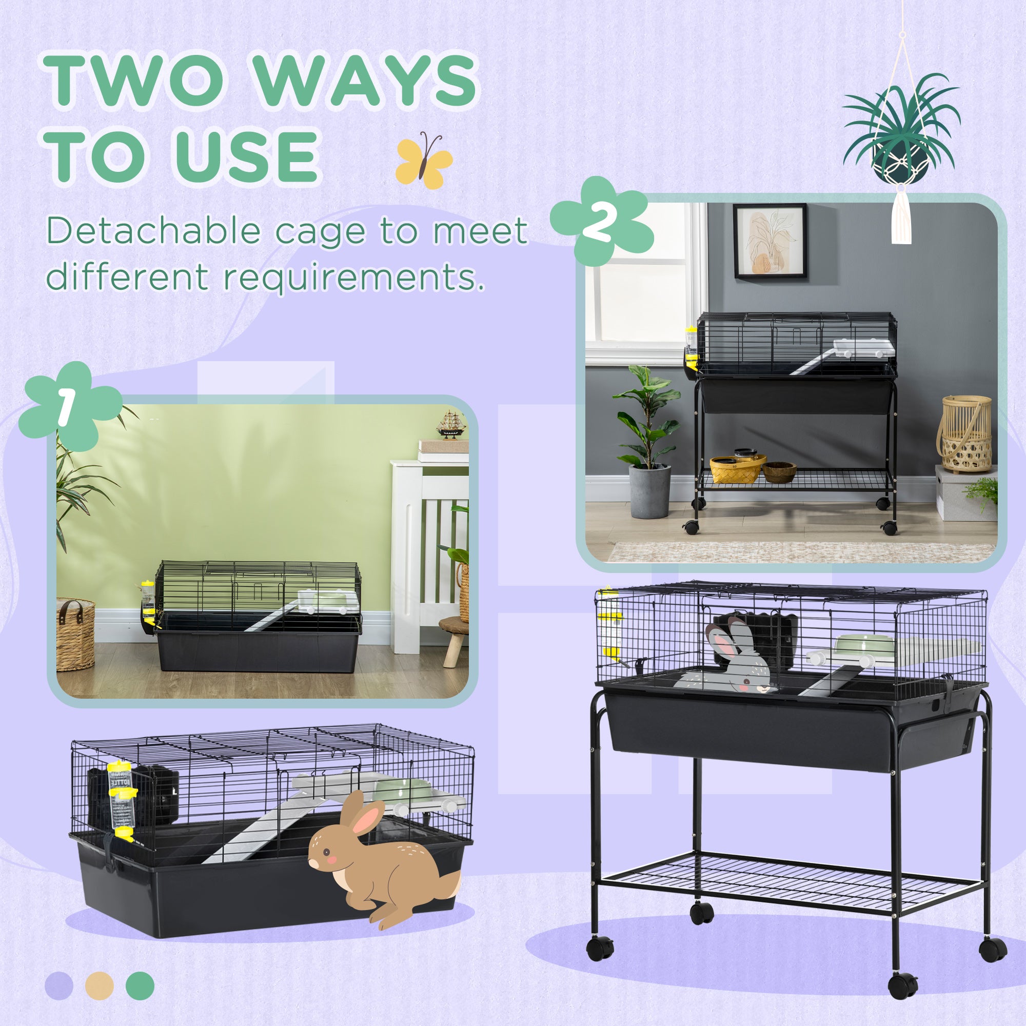 Two-Story Small Animal Cage Removable from Stand, Pet Habitat with Shelf & Wheels, 33" x 18.5" x 35", Charcoal Gray