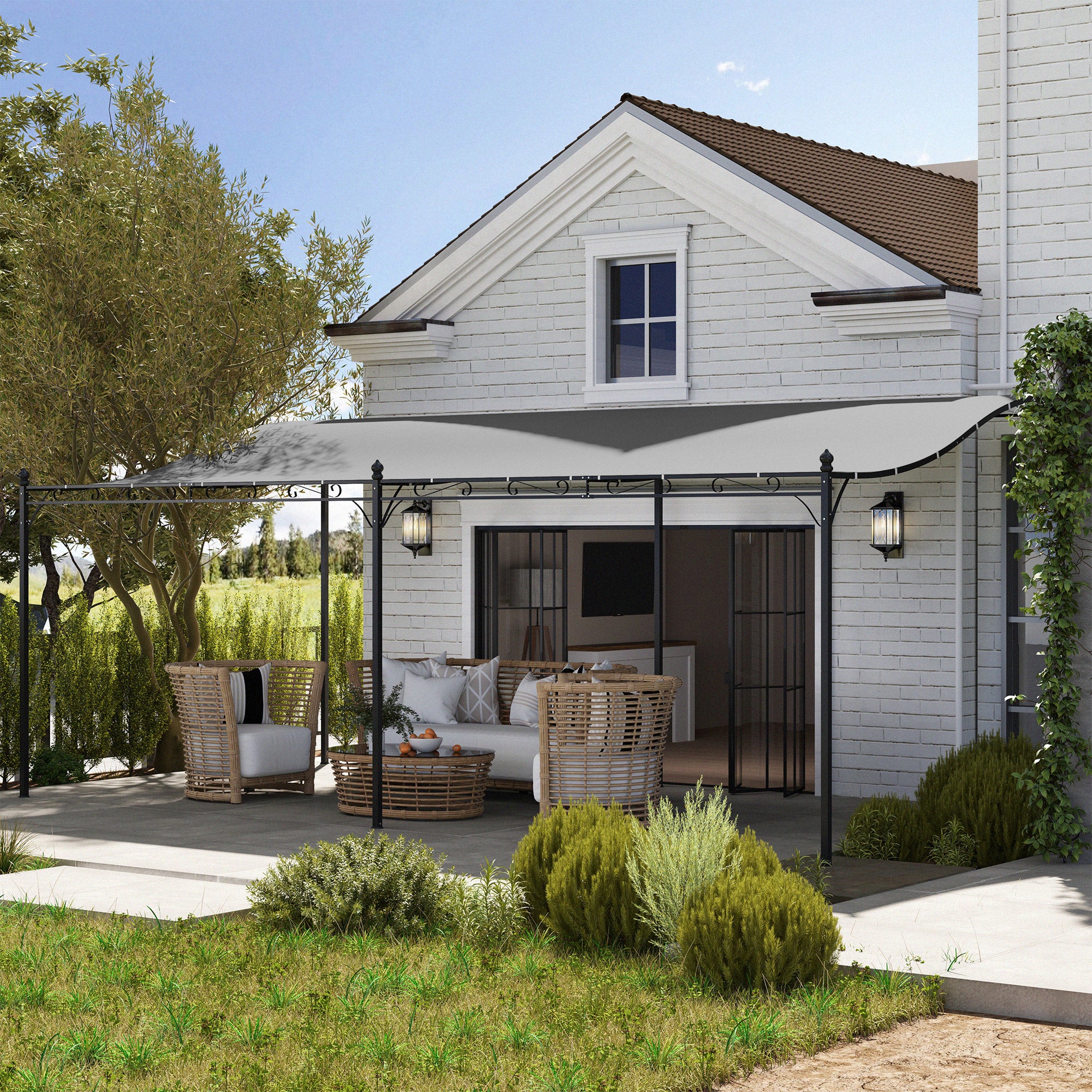 10' x 20' Wall-Mounted Outdoor Pergola Canopy, Metal Patio Canopy with Drainage Holes for Backyard Garden, Dark Gray