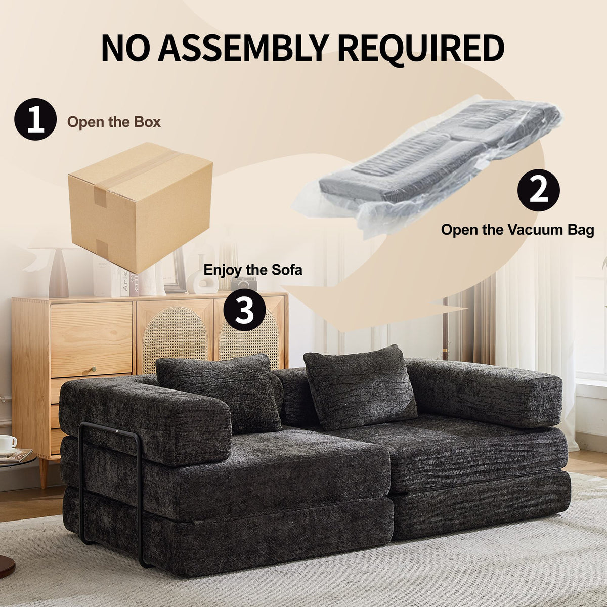 Convertible Sofa Bed Floor Sofa with Fixed-Shape Frame, Chenille Fabric Loveseat Modular Sectional for Apartments, Compressed Sofa 79" L x 39.5" W x 25" H, Black