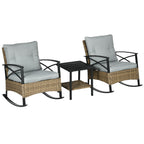 3 Piece Patio Rocking Chair Set, Outdoor Wicker Bistro Set with 2 Oversize Cushioned Porch Rockers and 2 Tier Coffee Table for Garden, Backyard, Light Gray