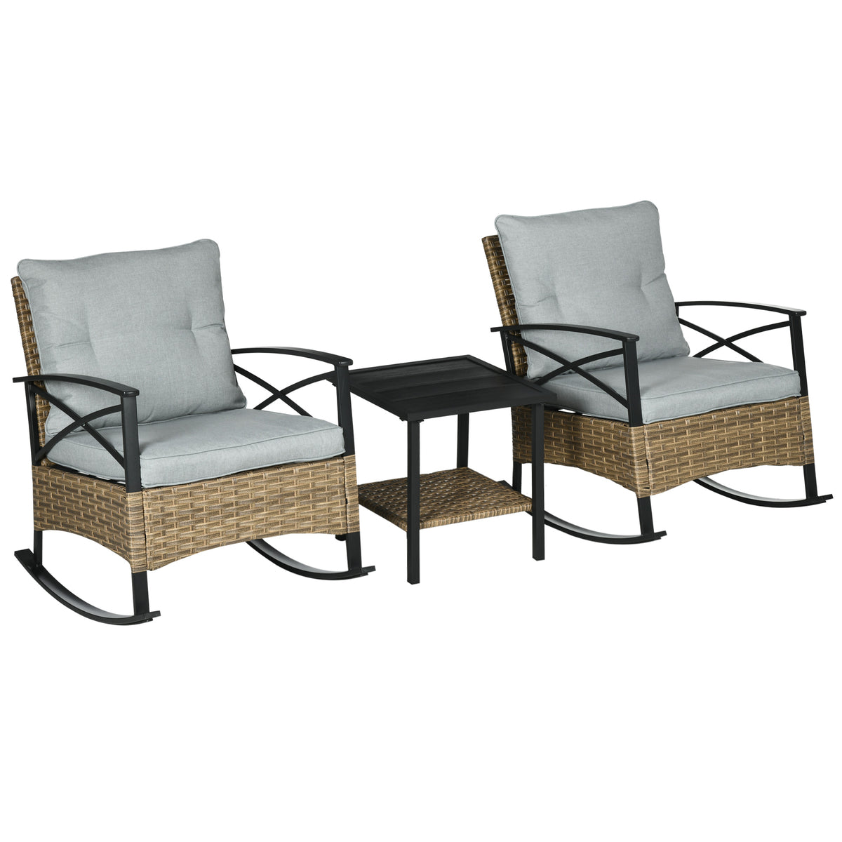 3 Piece Patio Rocking Chair Set, Outdoor Wicker Bistro Set with 2 Oversize Cushioned Porch Rockers and 2 Tier Coffee Table for Garden, Backyard, Light Gray
