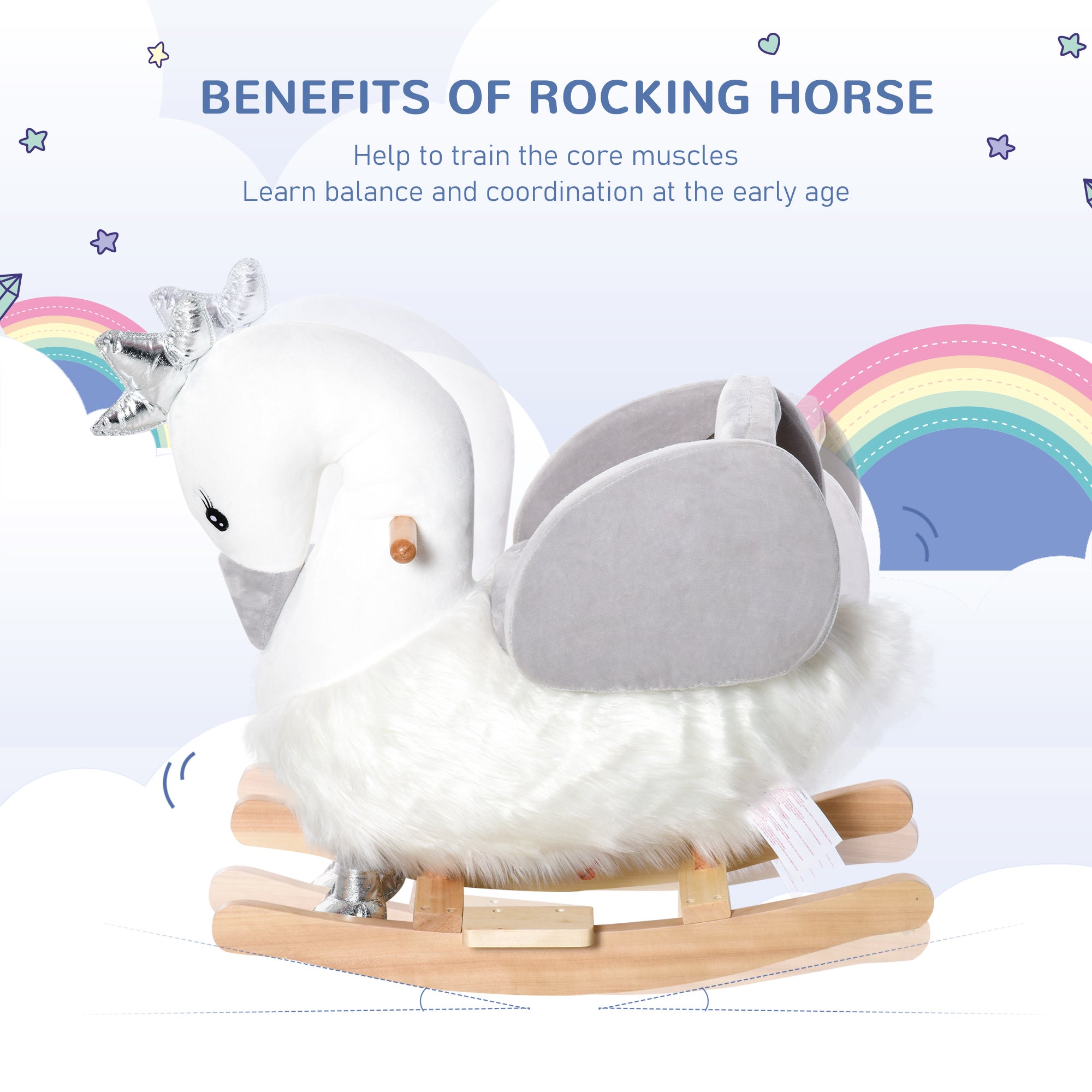 Kids Ride on Horse Swan Rocker with Sound, Plush Seat, Wooden Base, Safety Belt for Toddlers 18-36 Months, White