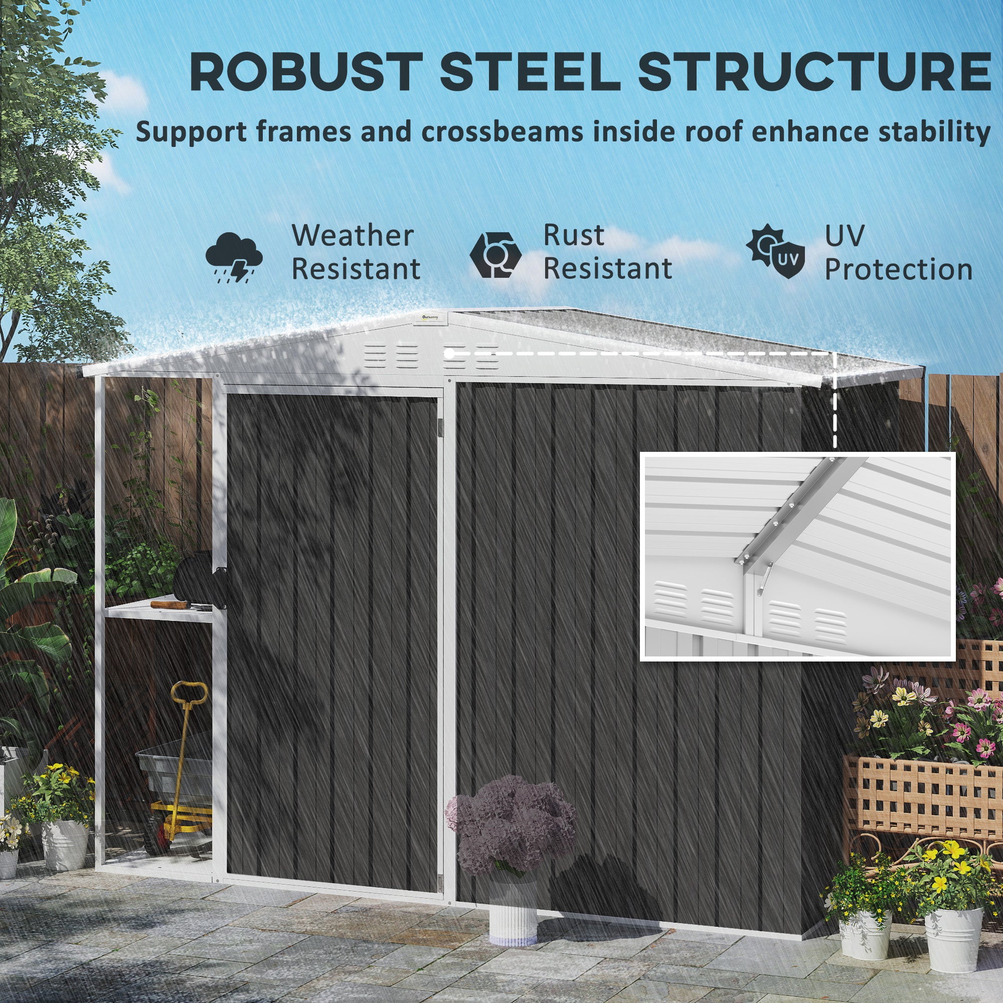 8 x 4ft Outdoor Garden Shed, Metal Shed with Air Vents and Lock for Backyard, Garden, Patio, Dark Gray