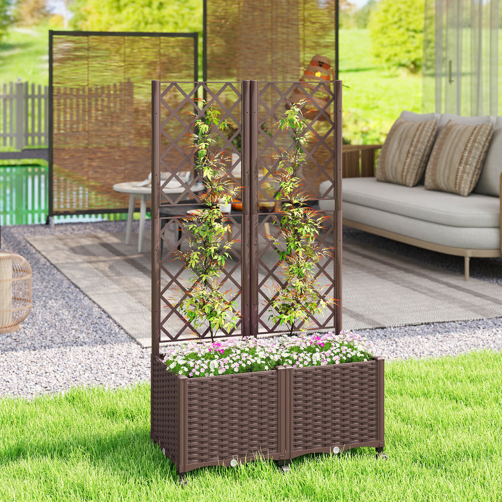 Planter Box with Trellis, Self Watering Raised Garden Bed with Lockable Wheels and Drainage Holes, Brown