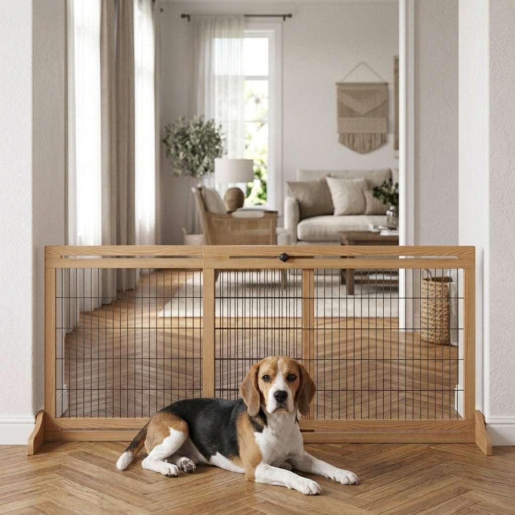 71" W x 27" H Extra Wide Freestanding Pet Gate with Adjustable Length Dog, Cat, Barrier for House, Doorway, Hallway, Natural