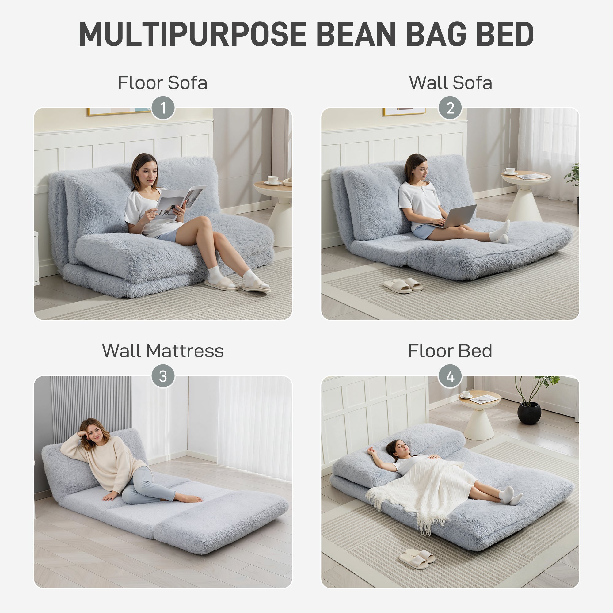 Bean Bag Floor Sofa Bed, Contemporary Plush Wide Folding Floor Mattress, Foam Filling Wall Couch Sleeper, Light Gray