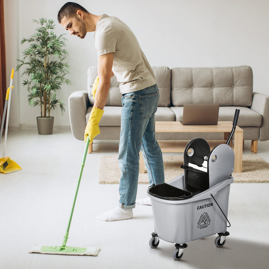 9.5 Gallon (38 Quart) Mop Bucket with Wringer Cleaning Cart, 4 Moving Wheels, Mop-Handle Holder & 2 Separate Buckets, Gray