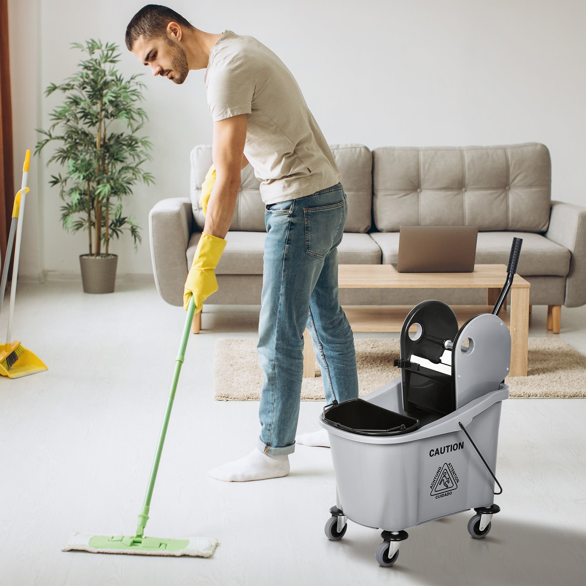 9.5 Gallon (38 Quart) Mop Bucket with Wringer Cleaning Cart, 4 Moving Wheels, Mop-Handle Holder & 2 Separate Buckets, Gray
