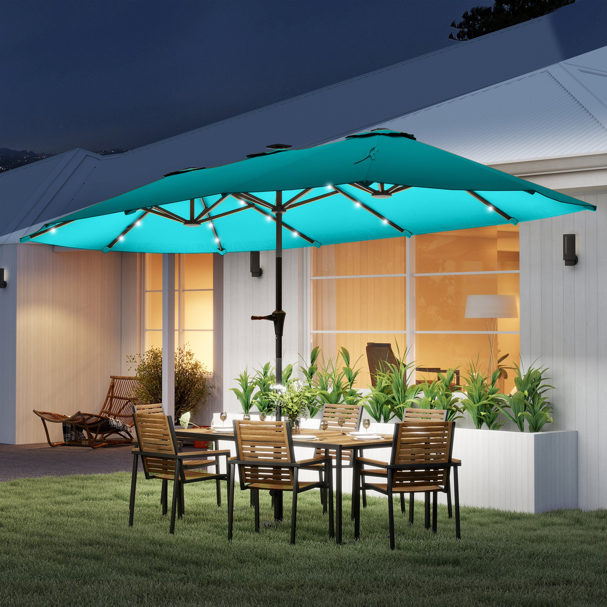 13ft Double-Sided Market Umbrella, Large Patio Umbrella with Solar Lights, Crank Handle for Garden, Pool, Yard, Blue