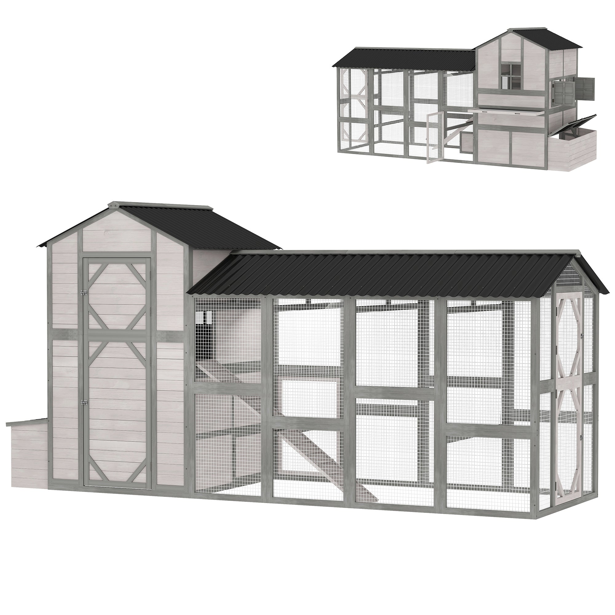 147" Extra Large Chicken Coop, Wooden Hen House for 8-10 Hens, Outdoor Chicken House Poultry Hutch with Run, Gray