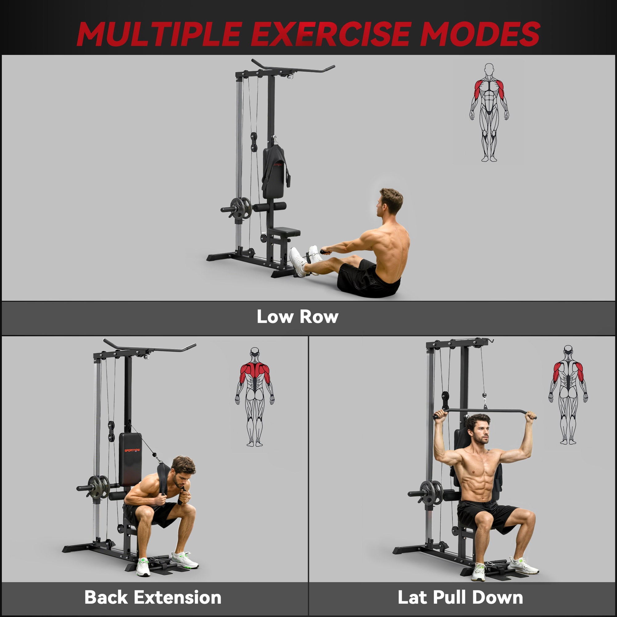 Lat Pull Down Machine, High / Low Pulley Machine with Adjustable Seat and Flip-Up Footplate, Black