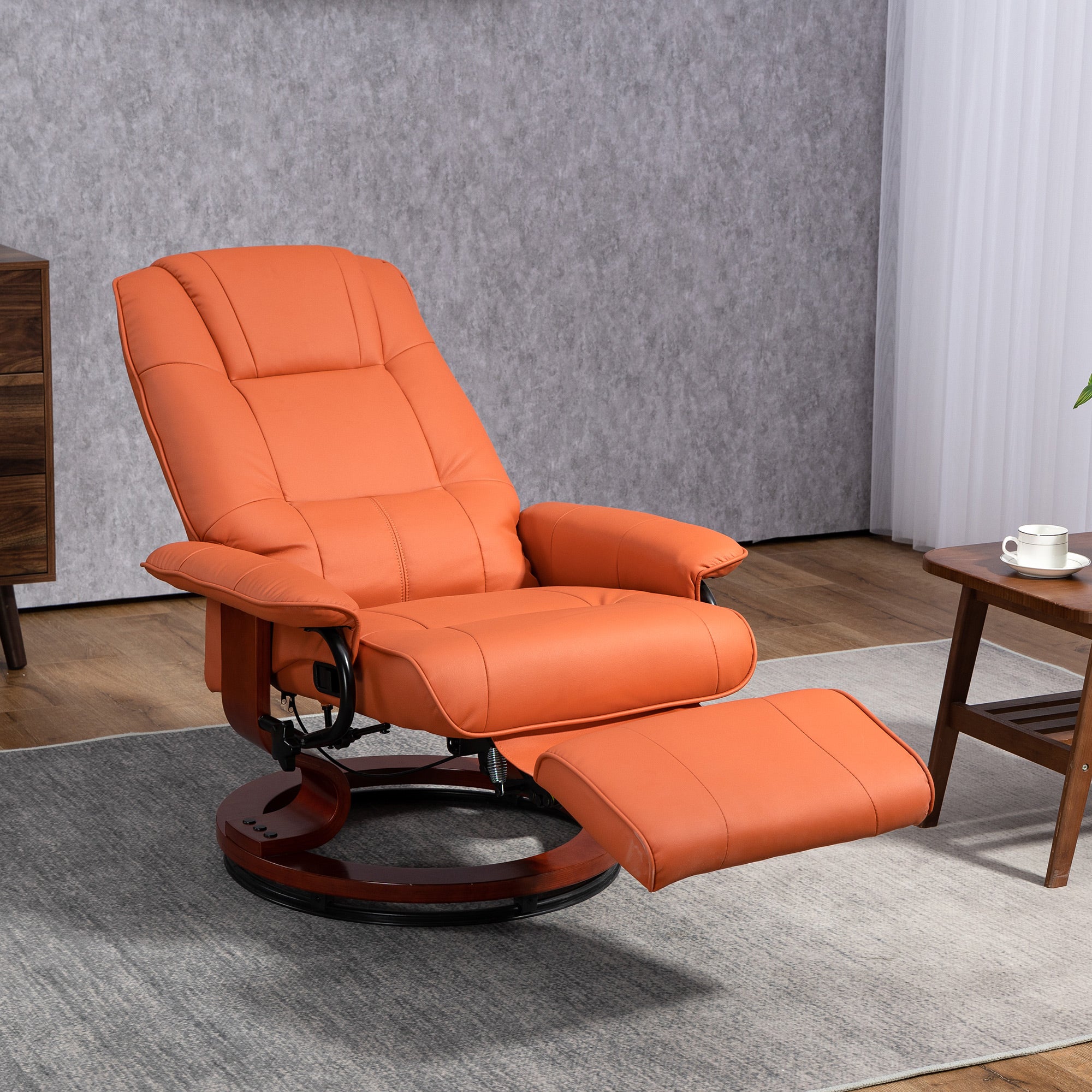 Air Leather Manual Recliner, Adjustable Swivel Lounge Chair with Footrest, Armrest and Wrapped Wood Base, Orange