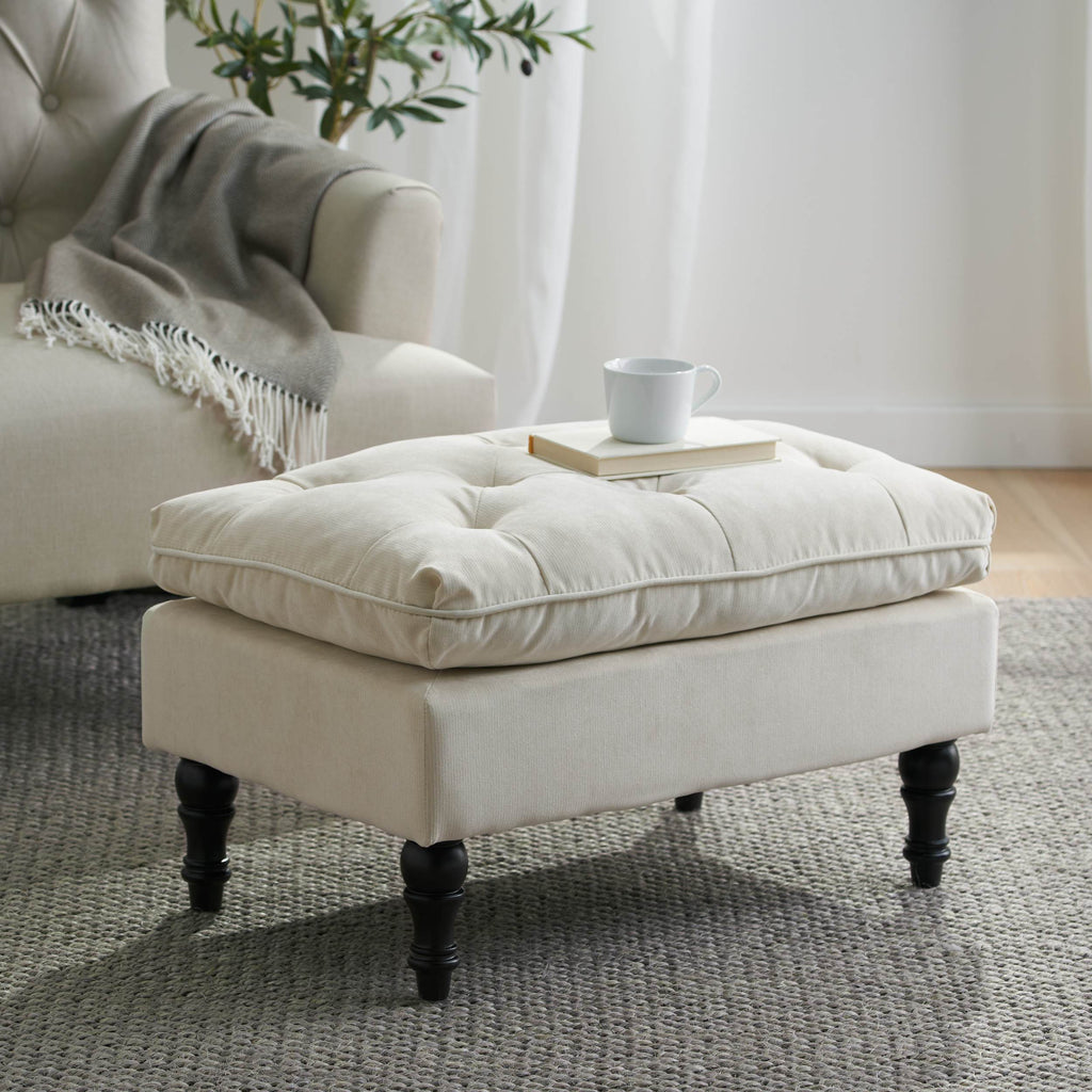 28" Pillow Top Ottoman with Button Tufted Upholstery, Turned Birch Legs, Extra Seating or Footrest, 28.5"x18"x17.75", Cream