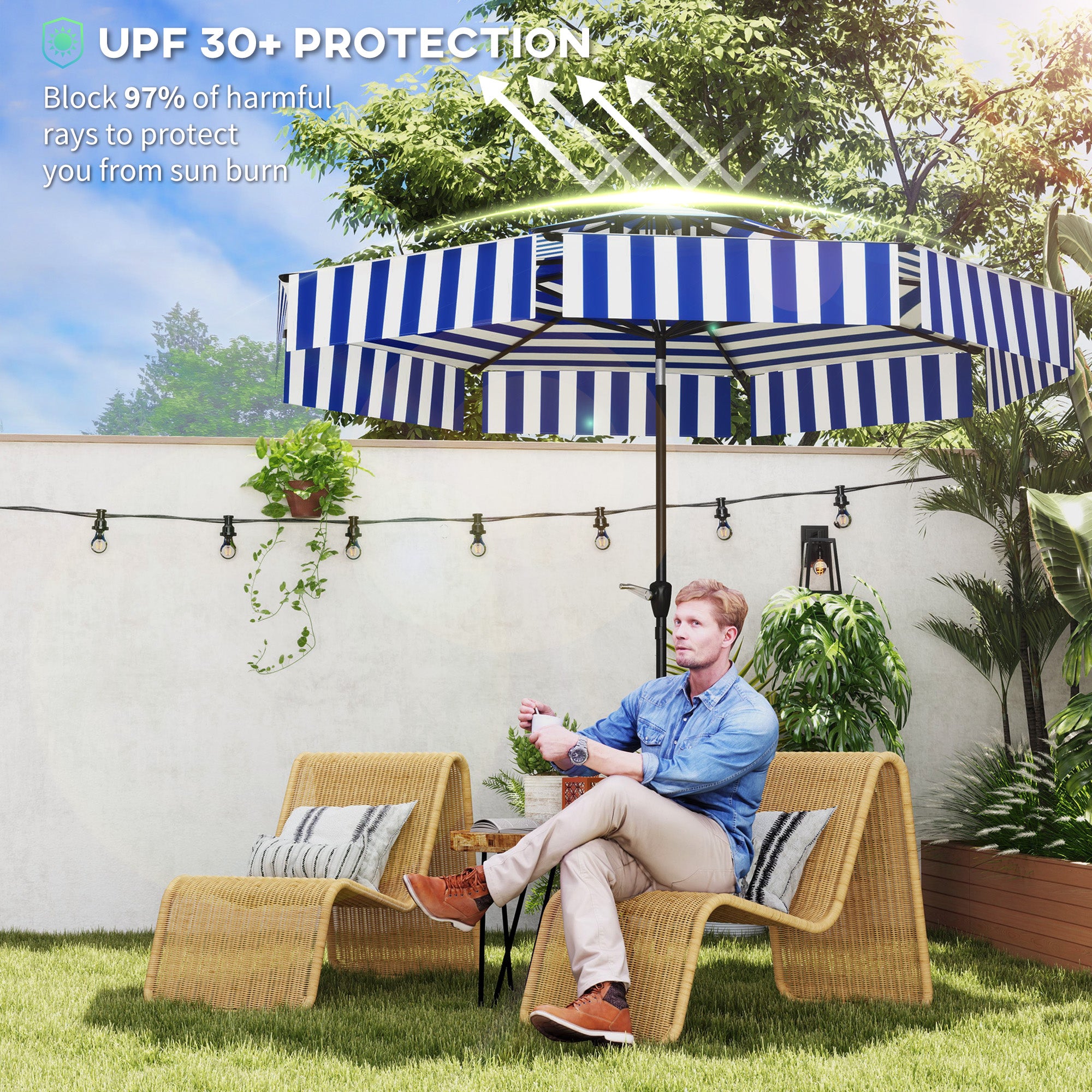 8.6FT Patio Umbrella, UPF 30+ Outdoor Market Umbrella, 2-Tier Vented Patio Table Umbrella with Crank 8 Ribs, Tiltable Porch Umbrella for Garden Deck Poolside, Navy Blue