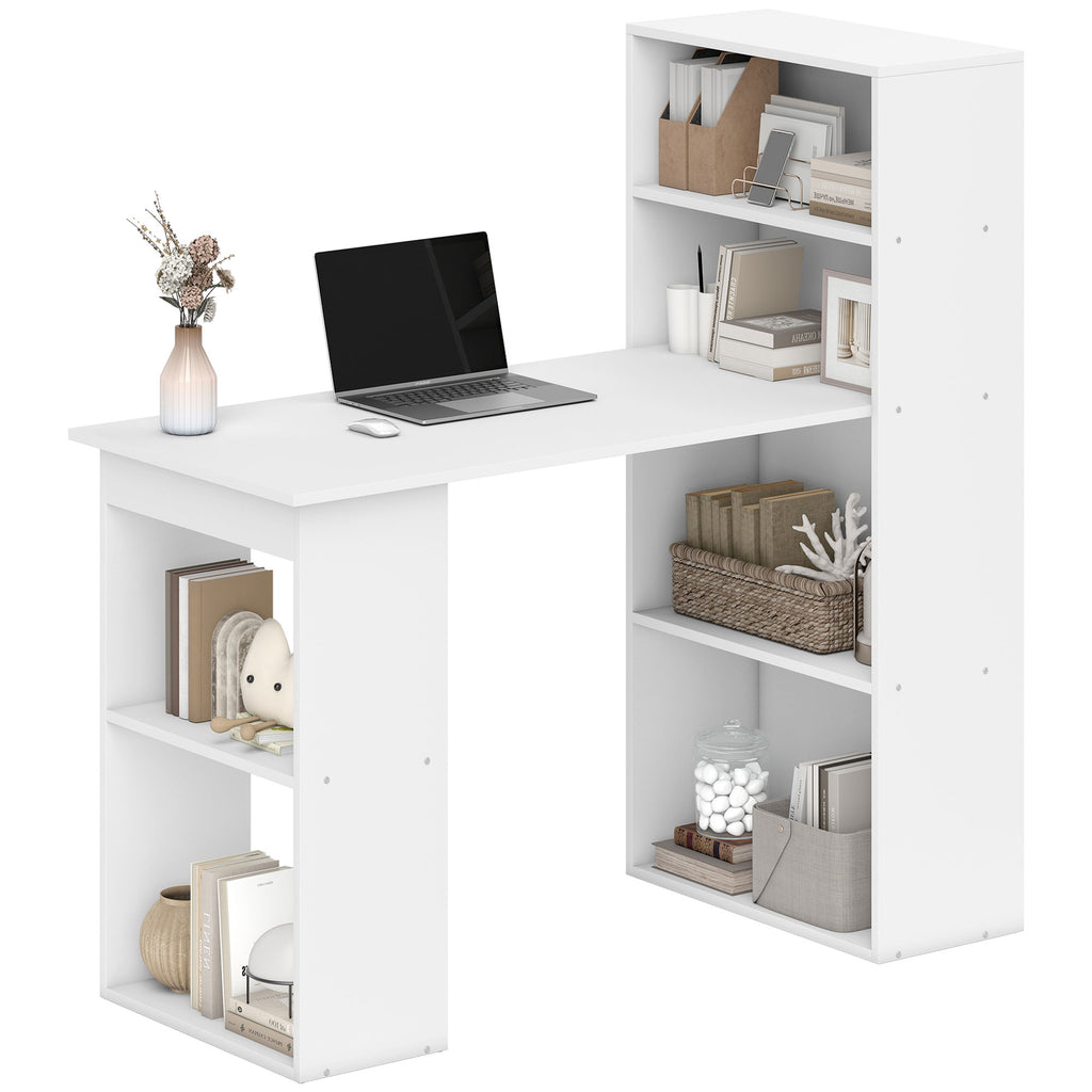 Computer Desk with 6-Tier Storage Shelves, Writing Desk Workstation with Bookshelf for Home Office, White