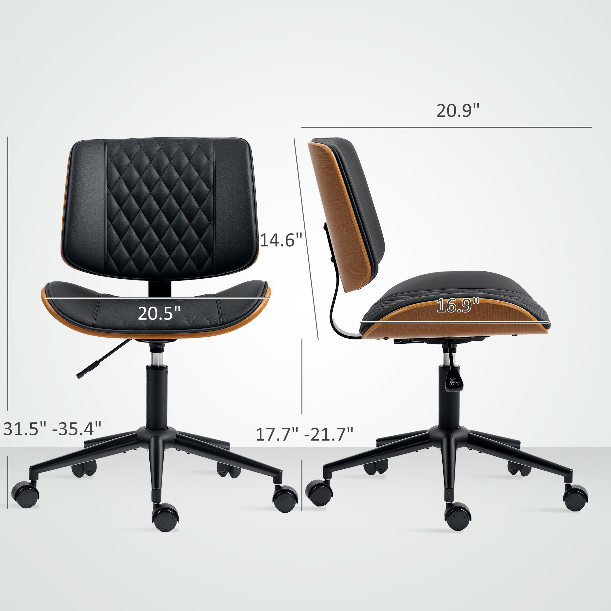 Home Office Chair No Arms with Wheels, PU Leather Desk Chair with Adjustable Height, 360 Swivel for Reading, Black