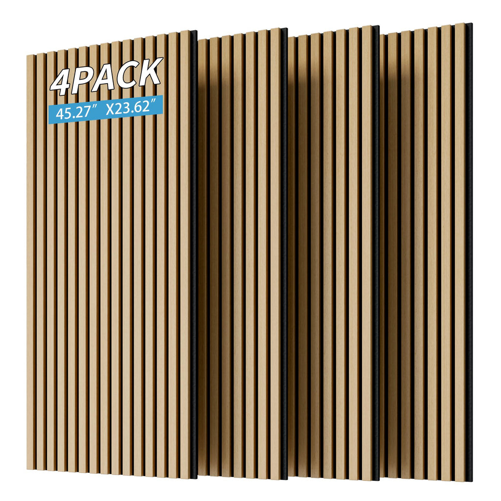 4-Pack Wood Slat Acoustic Wall Panels with MDF & High-Density Polyester, Fluted Cladding for Wall or Ceiling, 45.5" L x 23.5" W x 1" H, White Oak