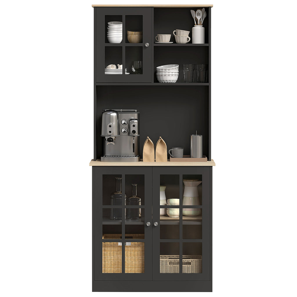 72" Kitchen Pantry Storage Cabinet with Hutch, Large Countertop, Glass Doors and Adjustable Shelves, Black