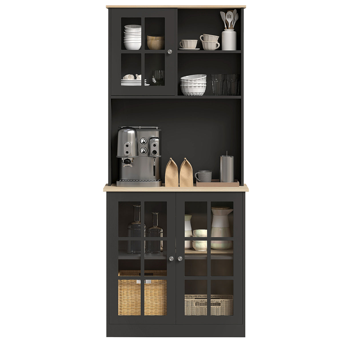 72" Kitchen Pantry Storage Cabinet with Hutch, Large Countertop, Glass Doors and Adjustable Shelves, Black