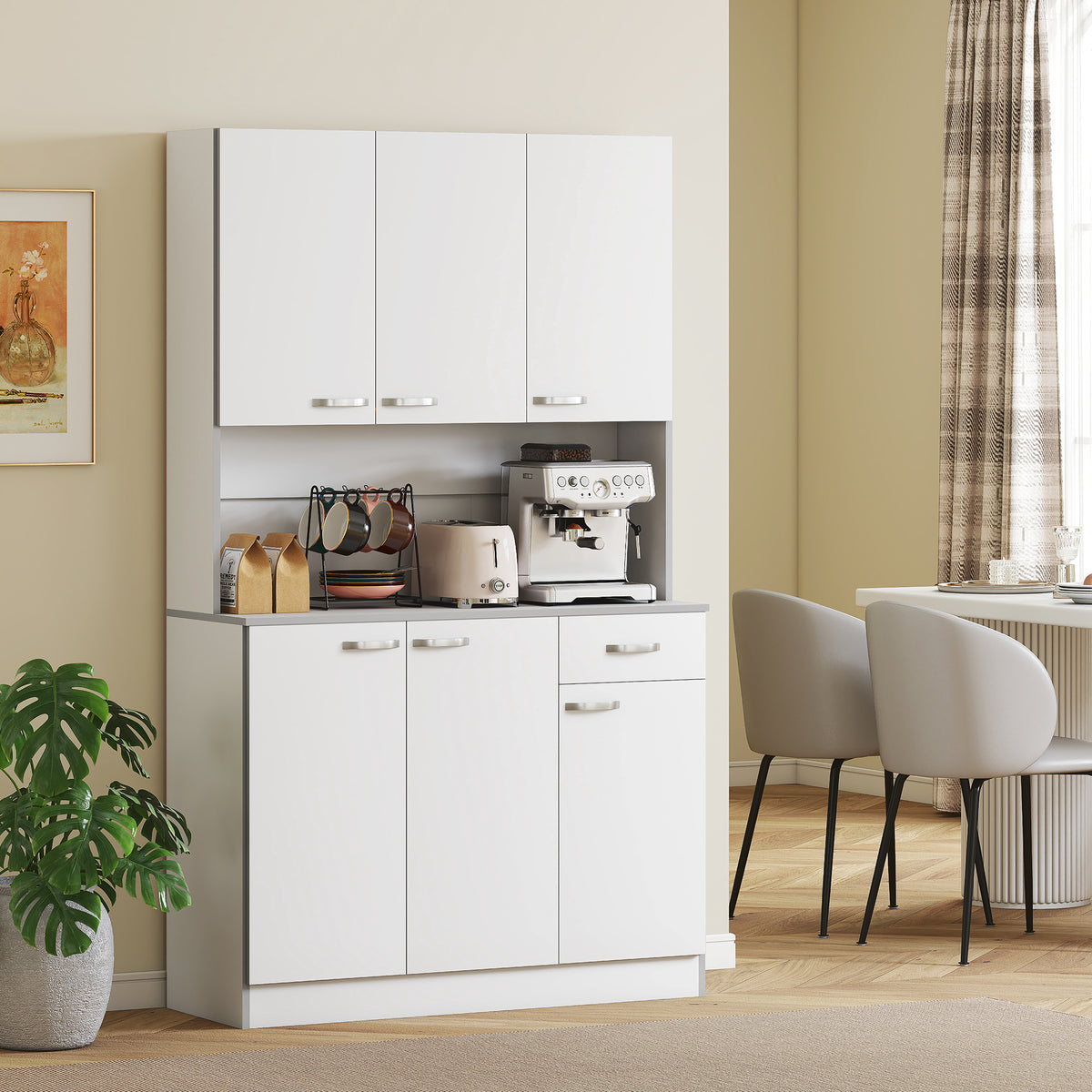 71" Kitchen Pantry Cabinet, Tall Storage Cabinet with Microwave Stand, Modern Kitchen Hutch with Countertop, 6 Doors, Storage Drawer, 3 Adjustable Shelves for Living Room, Dining Room, White