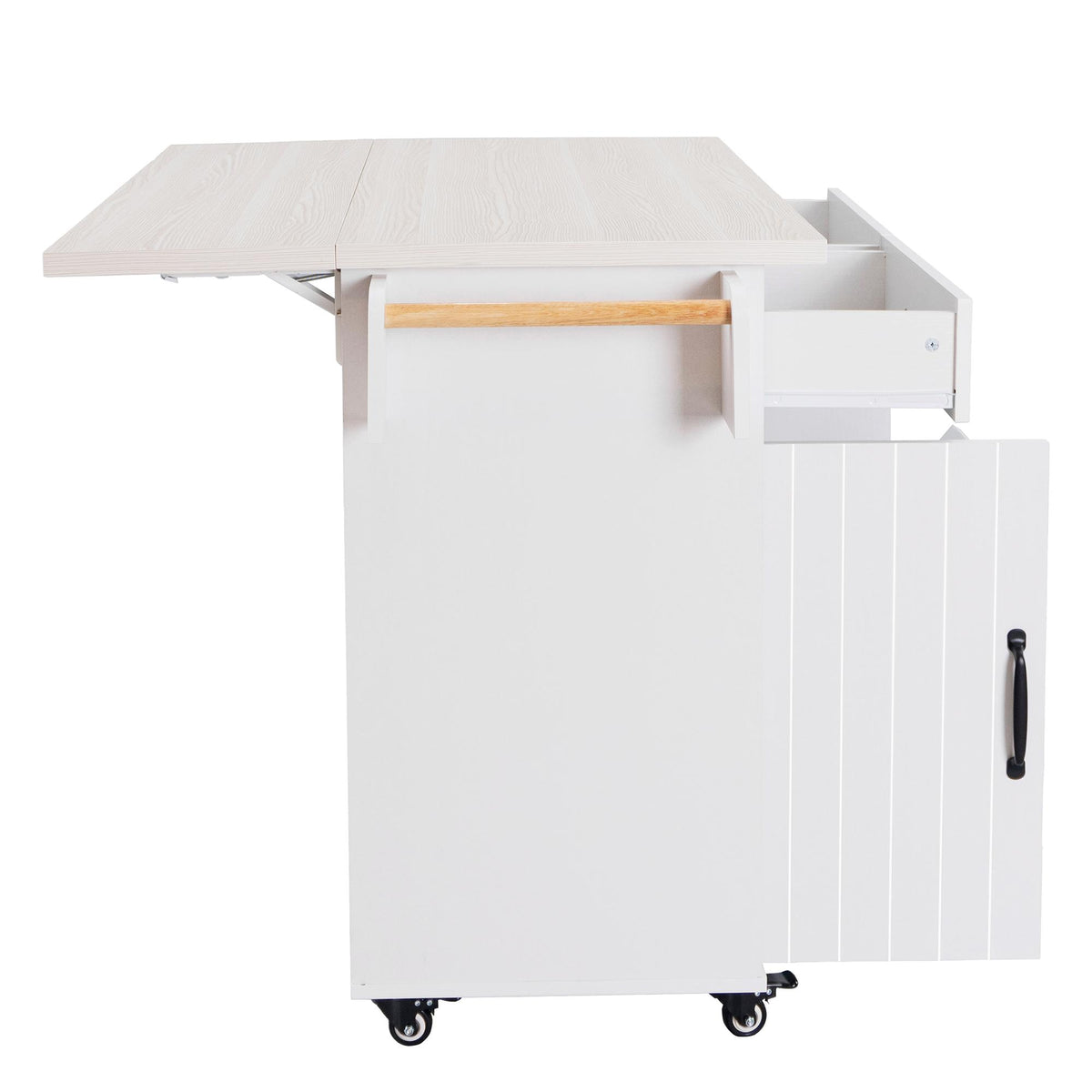 Kitchen Island with Trash Can Storage, Drop Leaf, Spice and Towel Rack, Adjustable Shelf, Utility Cart on Wheels, 51" L x 31.5" W x 35" H, White