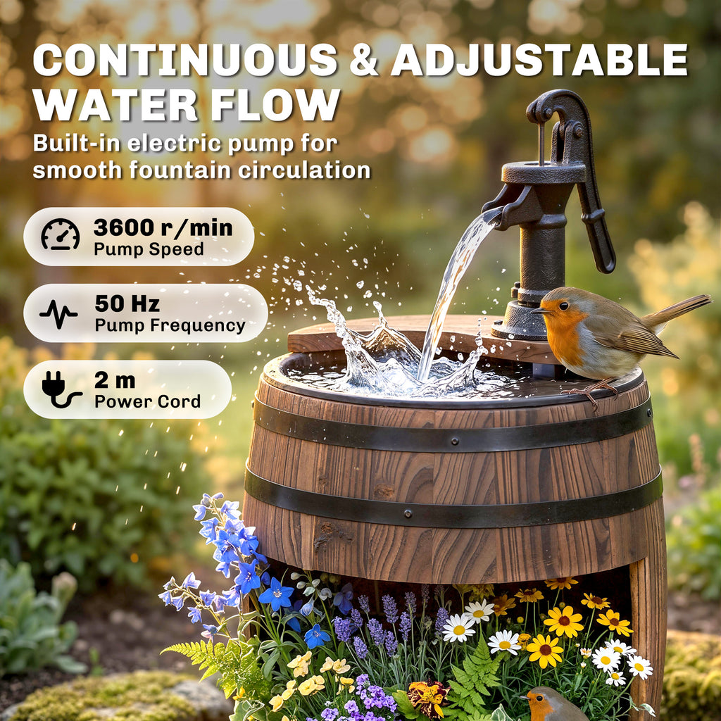23" H Outdoor Water Fountain Wood and Plastic Rustic Apple Barrel Pump Garden Decor for Outside Backyard