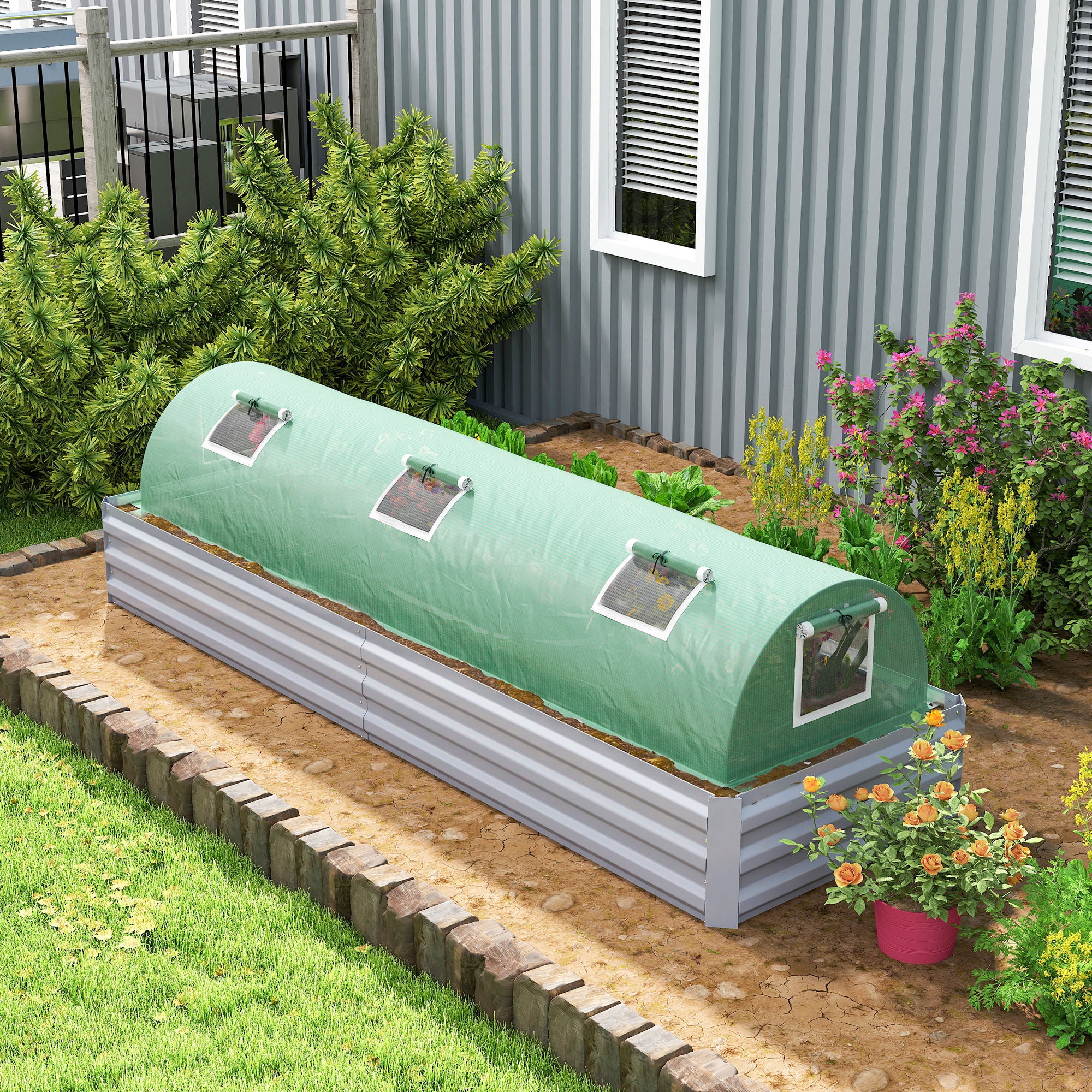 Mini Greenhouse with 5 Mesh Windows, Portable Plant Hot House with PE Cover and Steel Frame, 10' x 3' x 2', Green