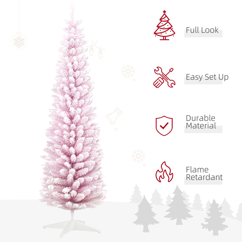 7' Decorated Christmas Tree Snow Flocked Artificial Christmas Tree with Pencil Shape, Realistic Branches, Pink