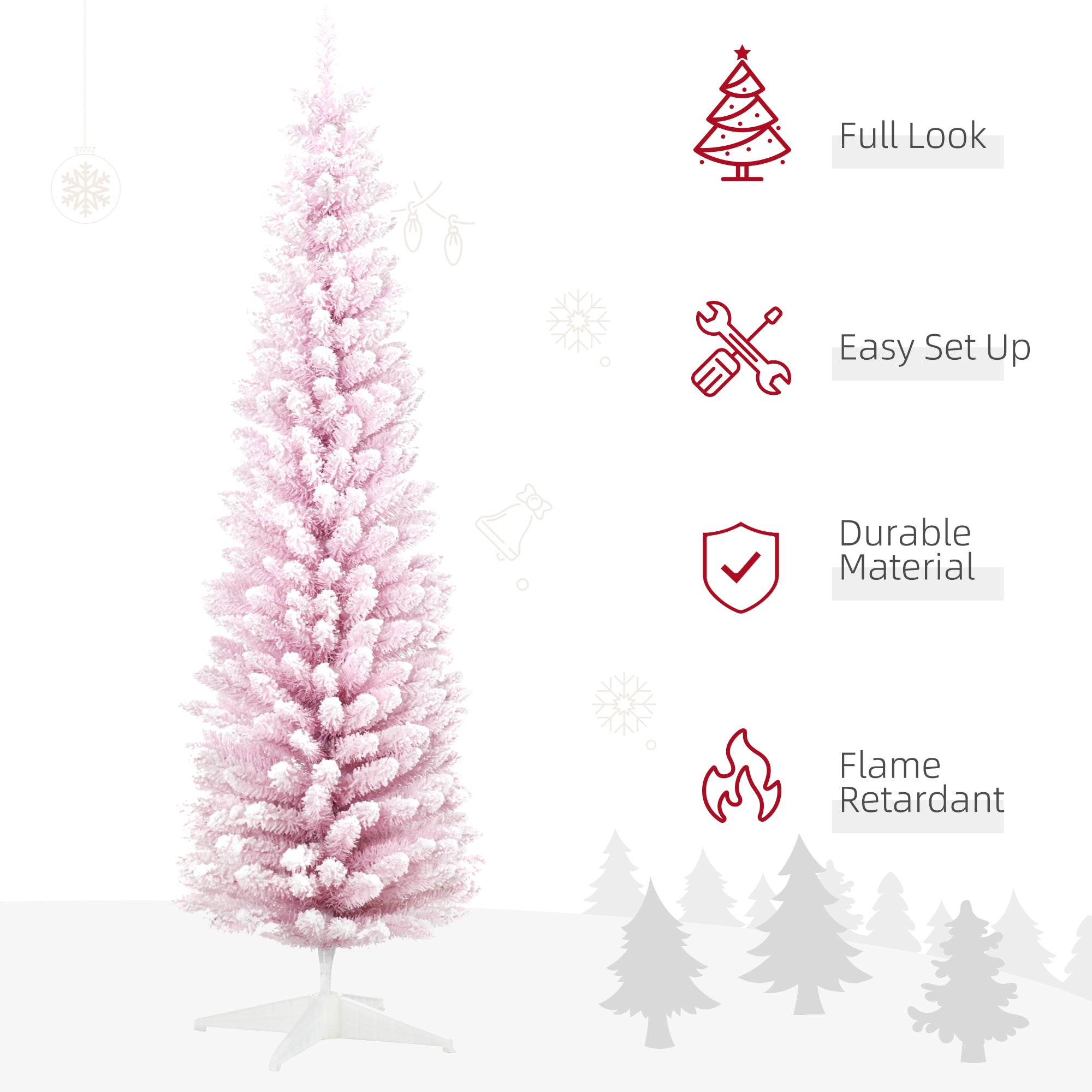 7' Decorated Christmas Tree Snow Flocked Artificial Christmas Tree with Pencil Shape, Realistic Branches, Pink