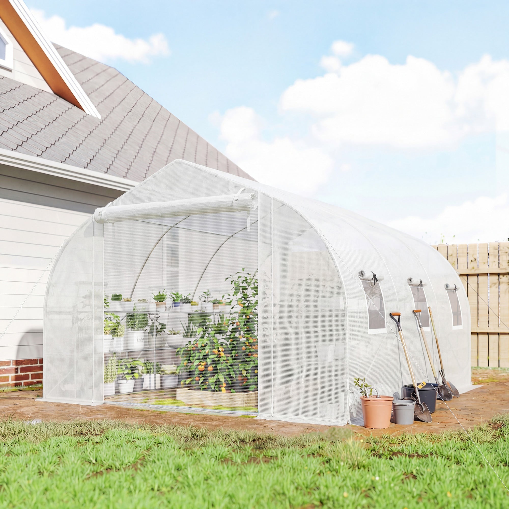 10'x11'x6' Walk-in Tunnel Greenhouse with Shelves, Mesh Door and Windows, Plant Hot House with PE Cover, White
