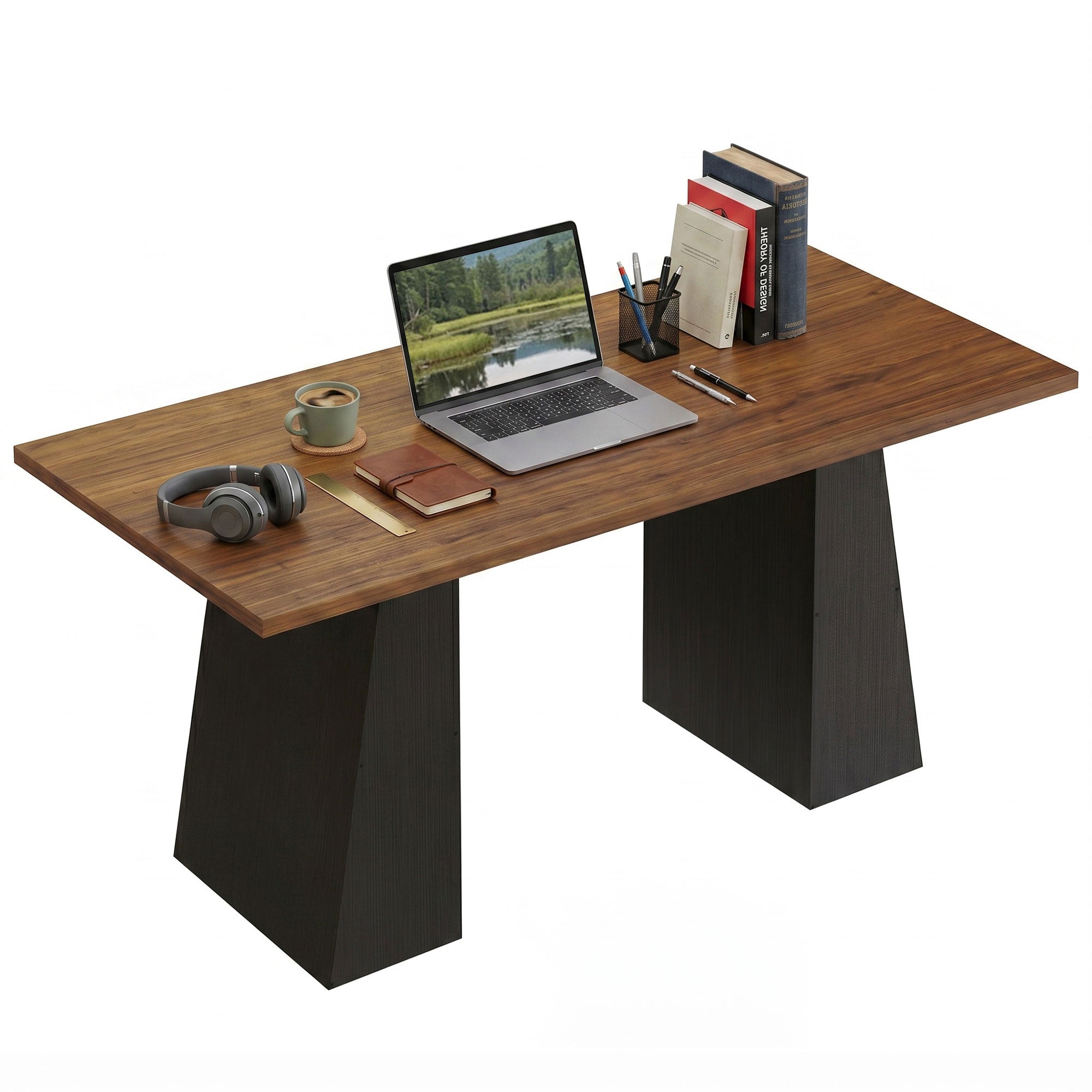 63 Inch Computer Desk with Trapezoidal Frame Light Walnut and Black