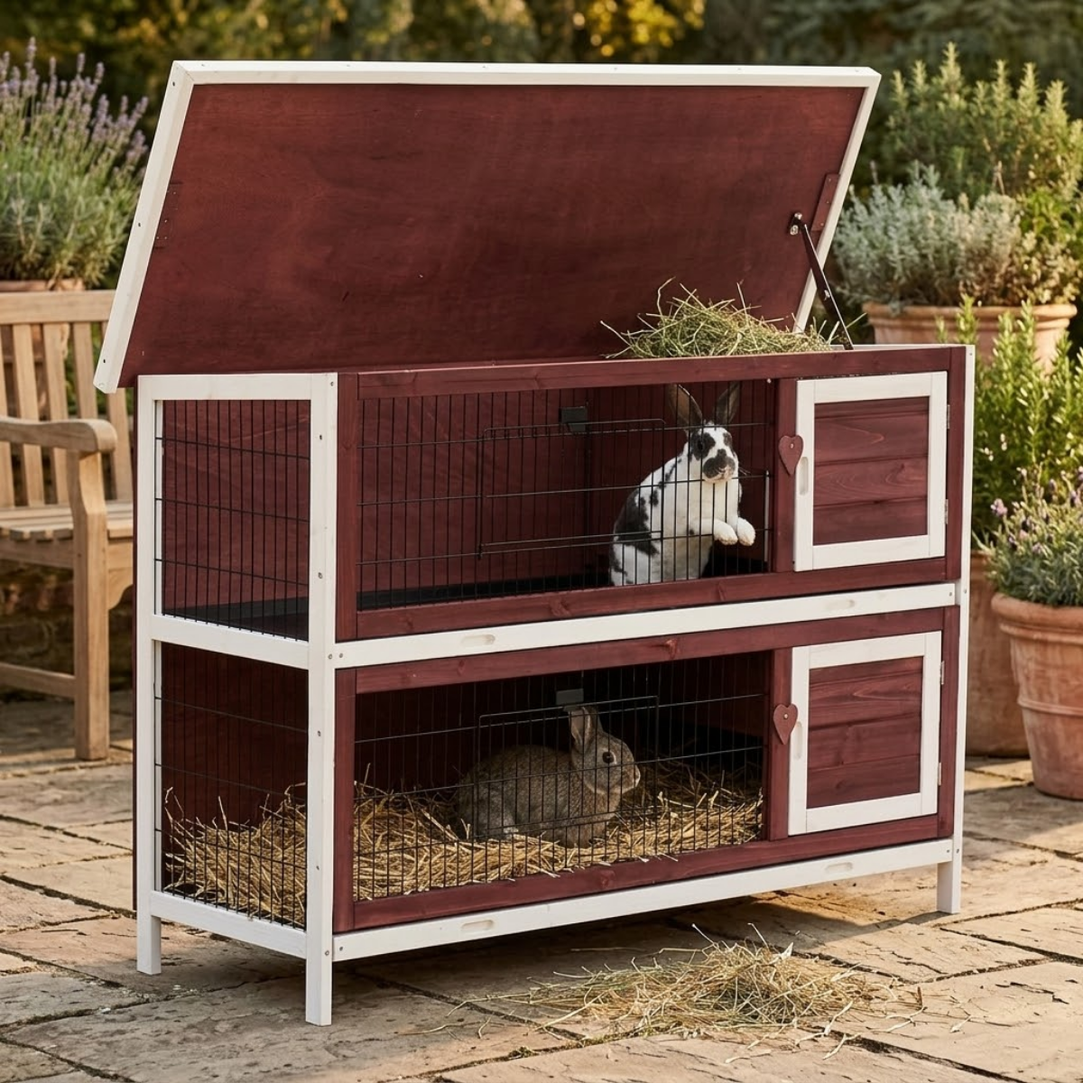 54" 2-Story Weatherproof Stackable Elevated Wooden Rabbit Hutch with Enclosed Run and Pull-Out Trays